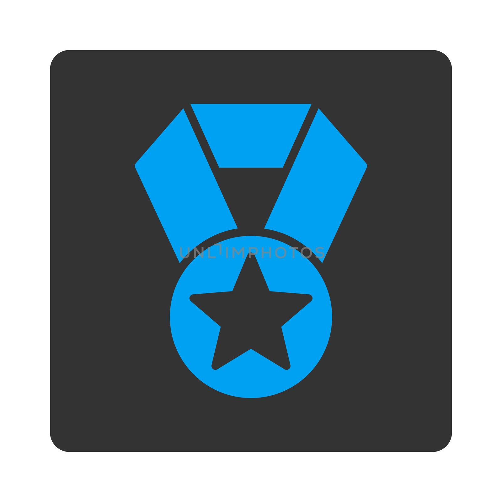 Champion medal icon from Award Buttons OverColor Set. Icon style is blue and gray colors, flat rounded square button, white background.