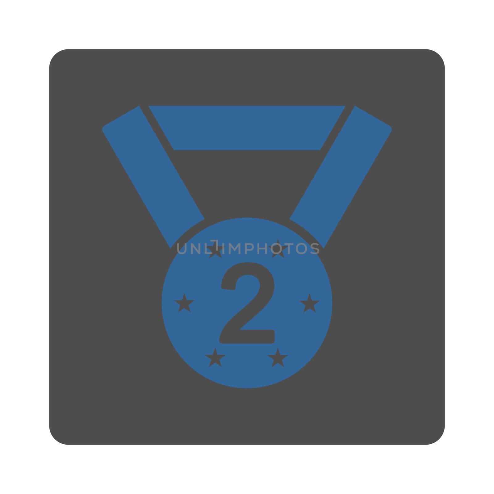 Second medal icon from Award Buttons OverColor Set. Icon style is cobalt and gray colors, flat rounded square button, white background.