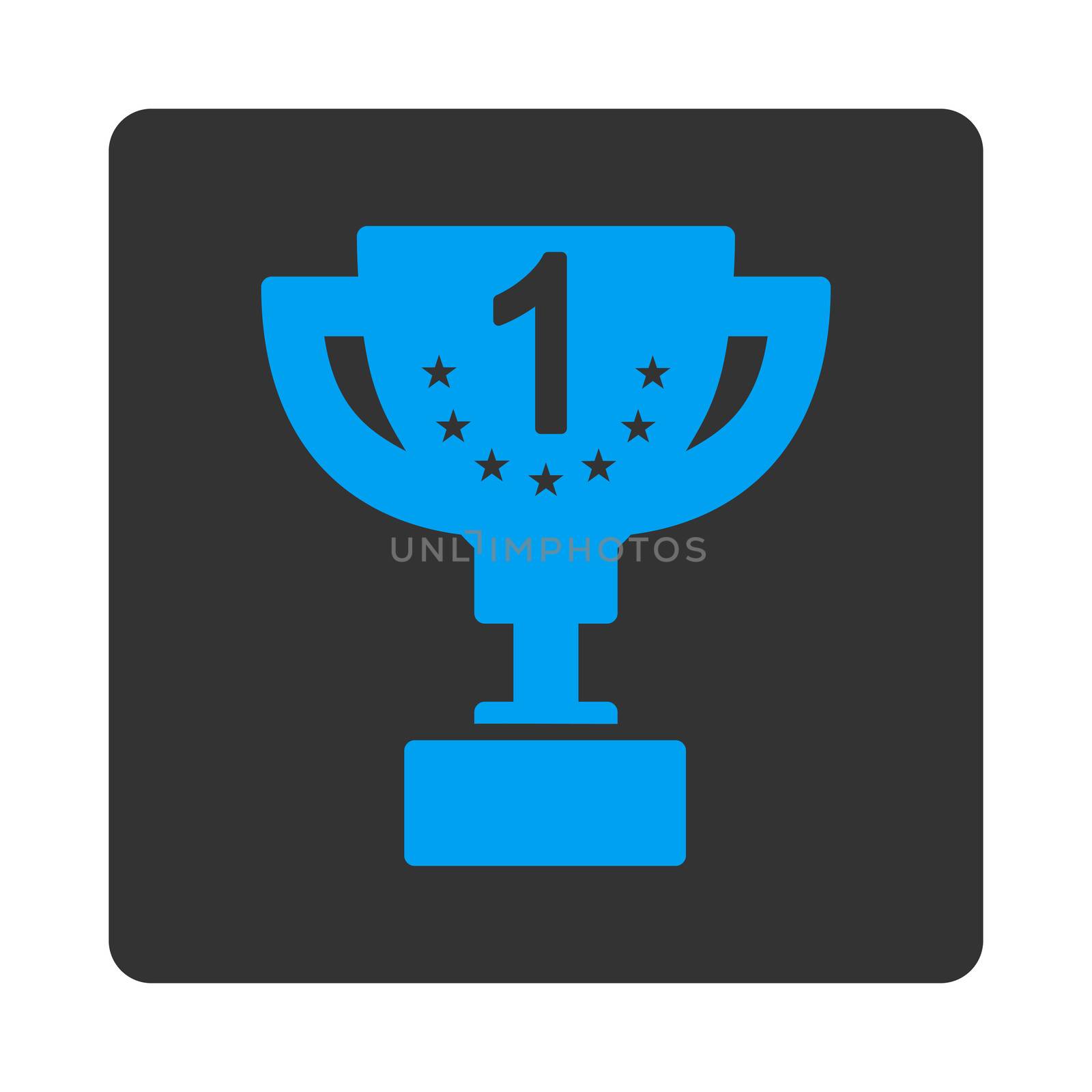 First prize icon from Award Buttons OverColor Set. Icon style is blue and gray colors, flat rounded square button, white background.