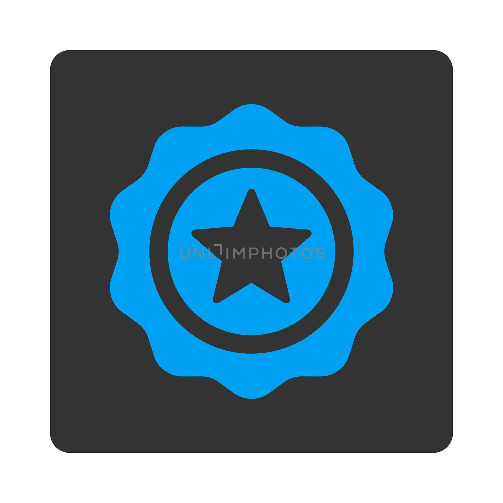 Reward seal icon from Award Buttons OverColor Set. Icon style is blue and gray colors, flat rounded square button, white background.