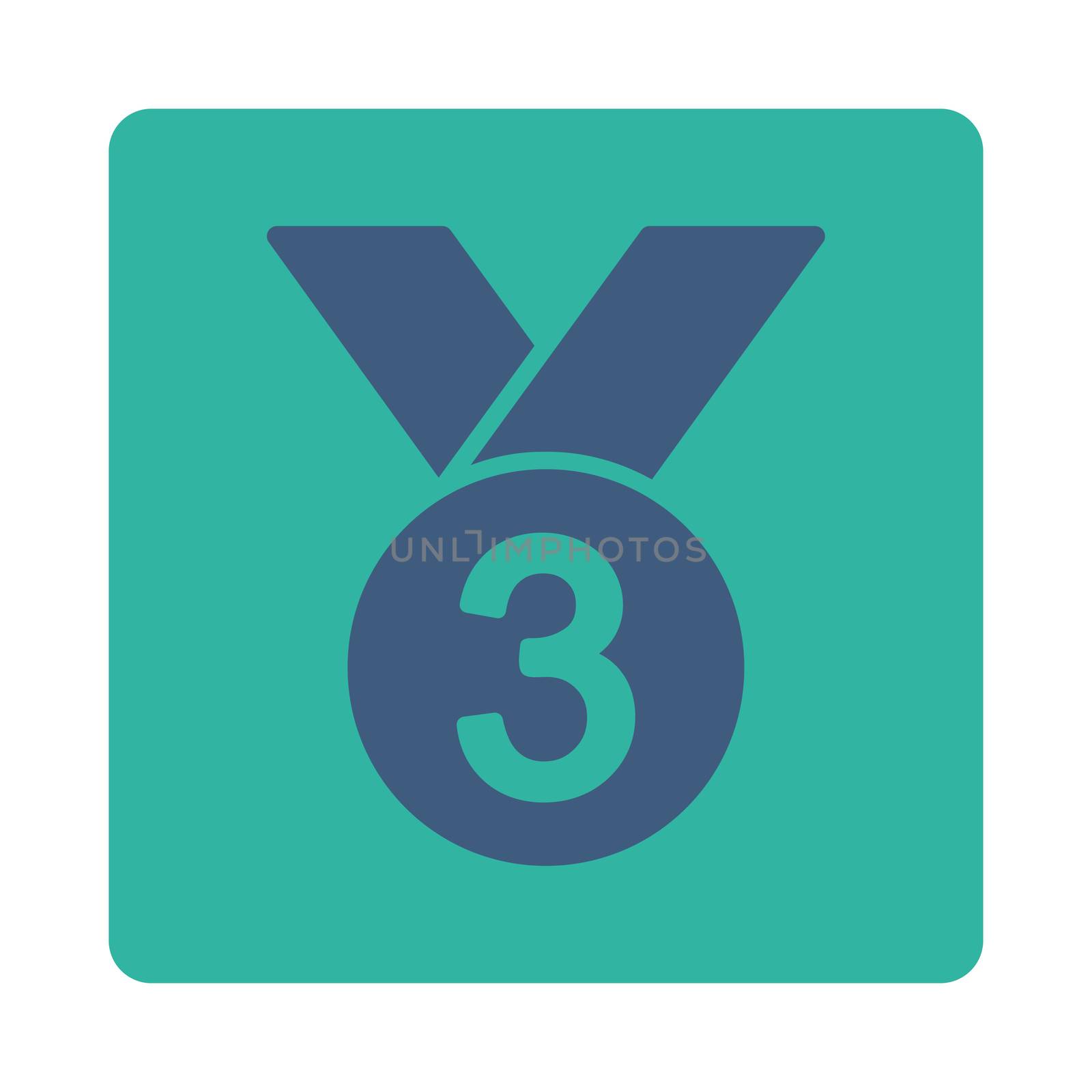 Bronze medal icon from Award Buttons OverColor Set. Icon style is cobalt and cyan colors, flat rounded square button, white background.