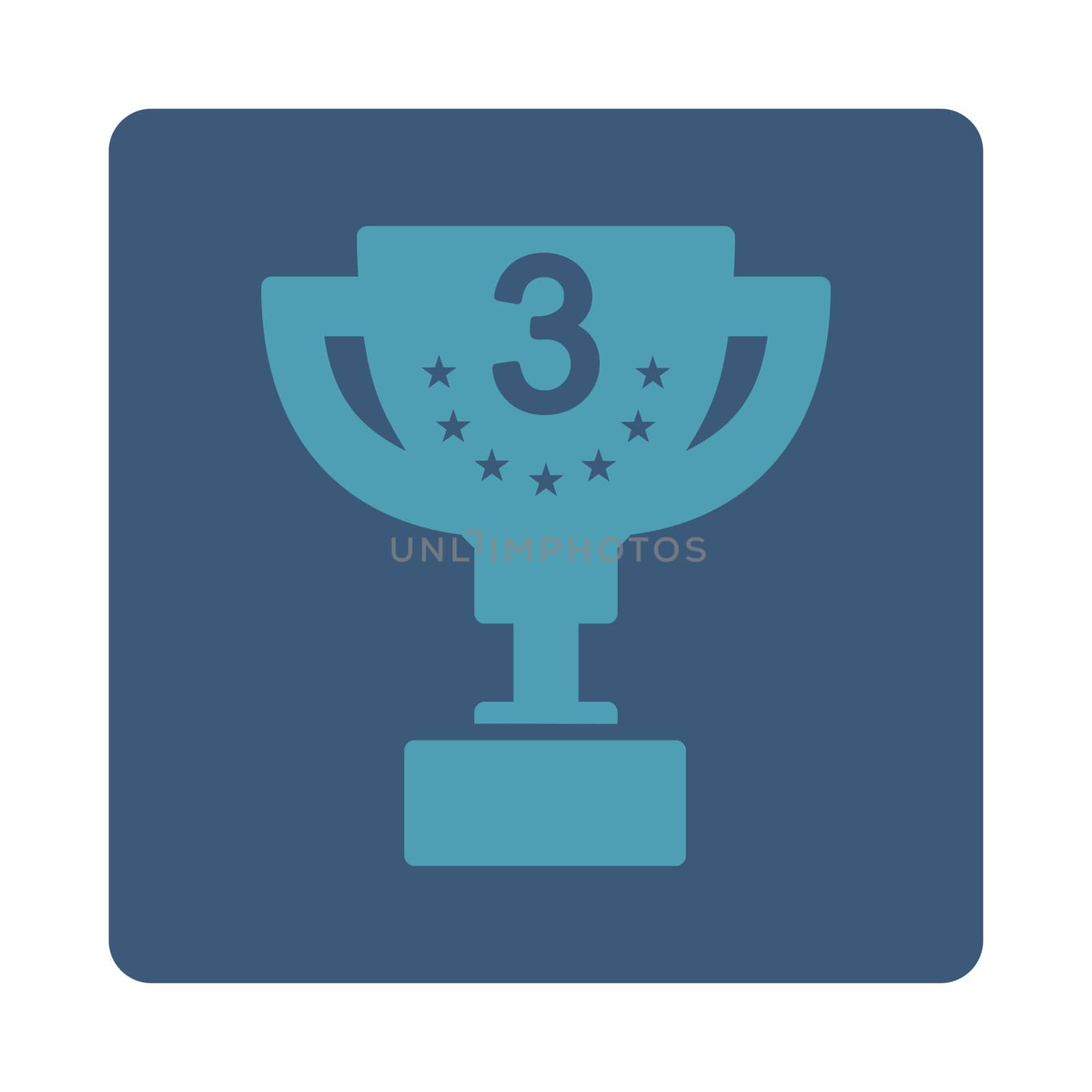 Third prize icon from Award Buttons OverColor Set. Icon style is cyan and blue colors, flat rounded square button, white background.