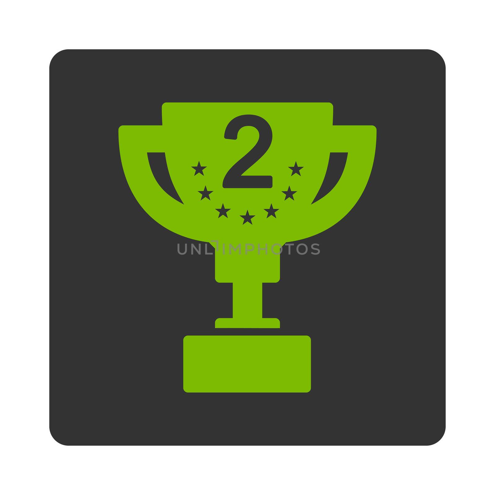 Second prize icon from Award Buttons OverColor Set. Icon style is eco green and gray colors, flat rounded square button, white background.