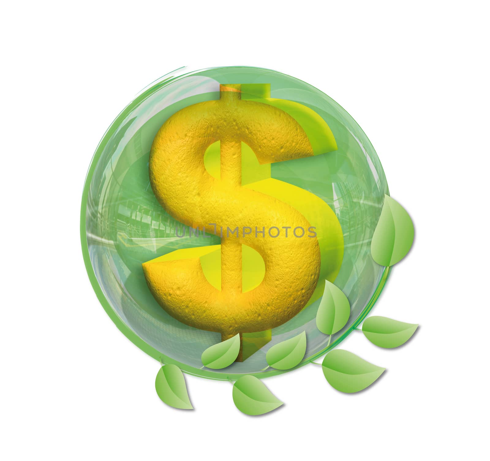 superimposing a dollar in a green ball 3D surrounded by green leaves