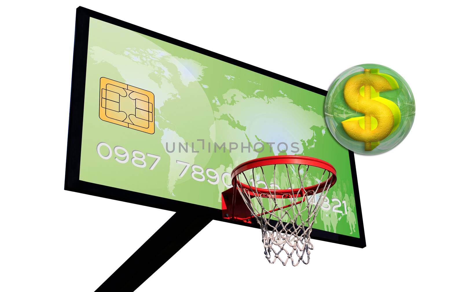 credit card on a basketball with a dollar sign in a green 3d chrome sphere