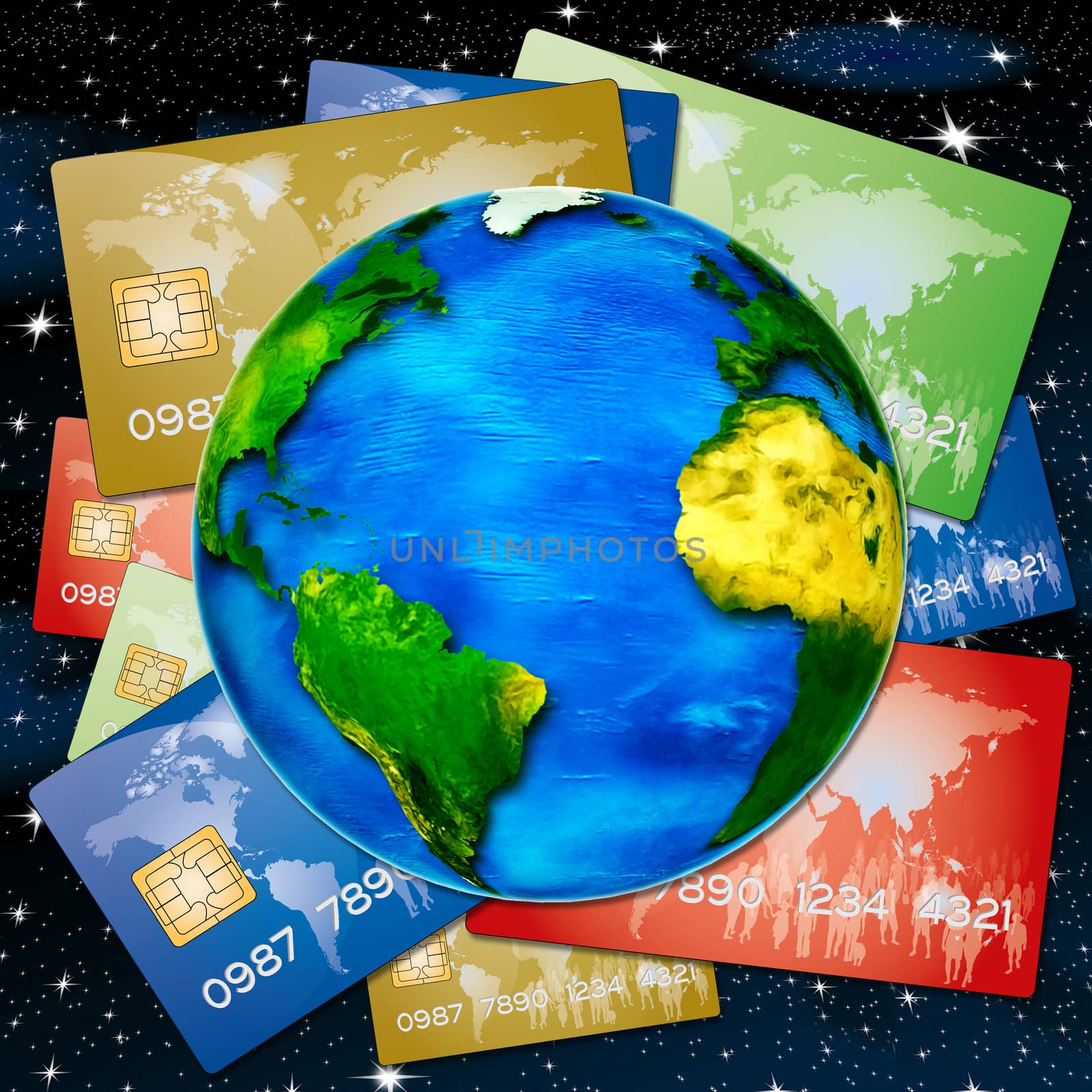 various bank credit cards on a globe on a background of night sky