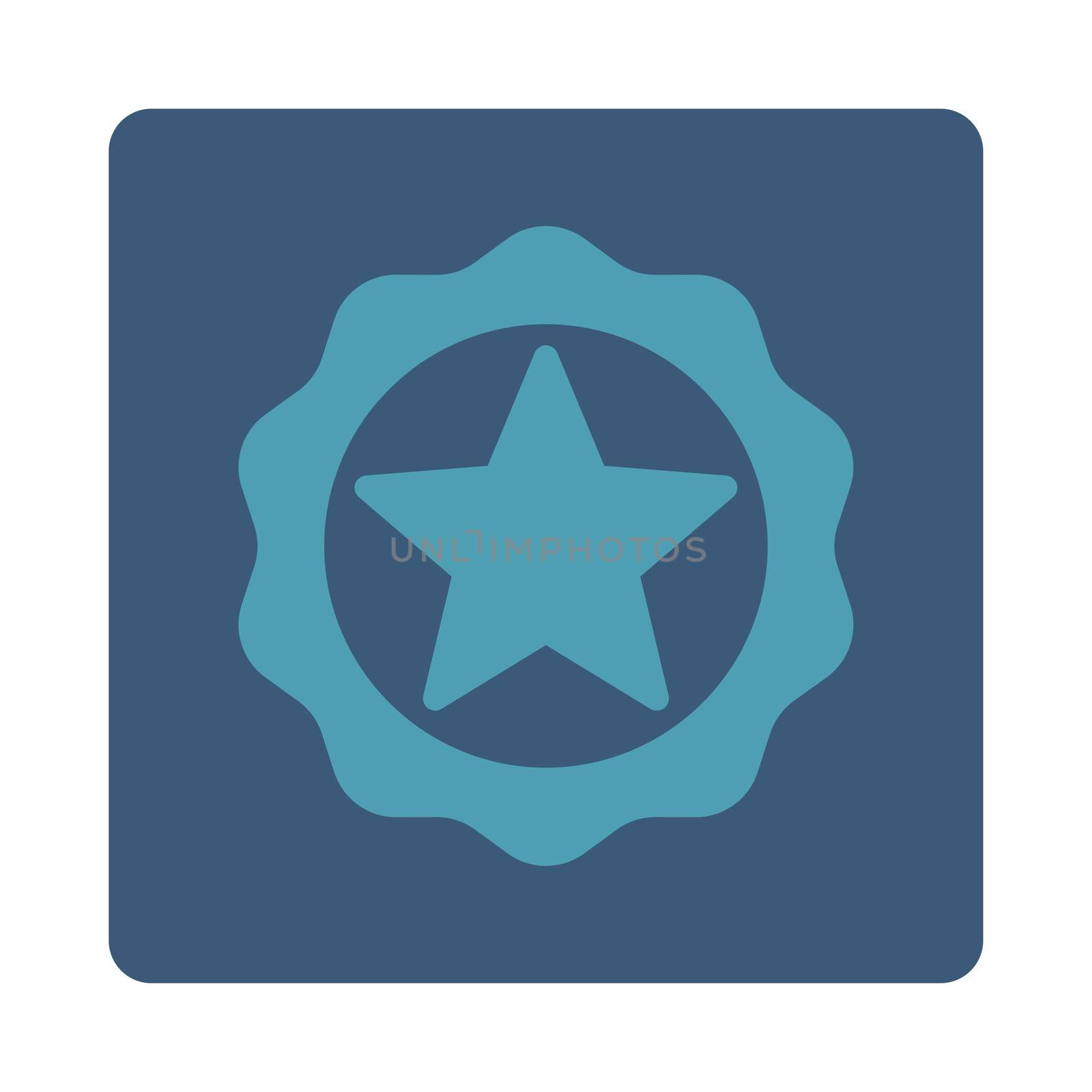 Award seal icon from Award Buttons OverColor Set. Icon style is cyan and blue colors, flat rounded square button, white background.