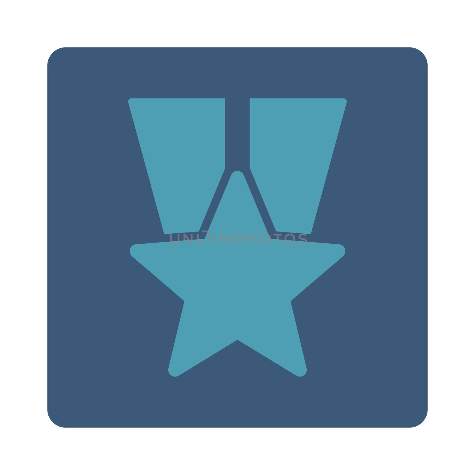 Star medal icon from Award Buttons OverColor Set. Icon style is cyan and blue colors, flat rounded square button, white background.