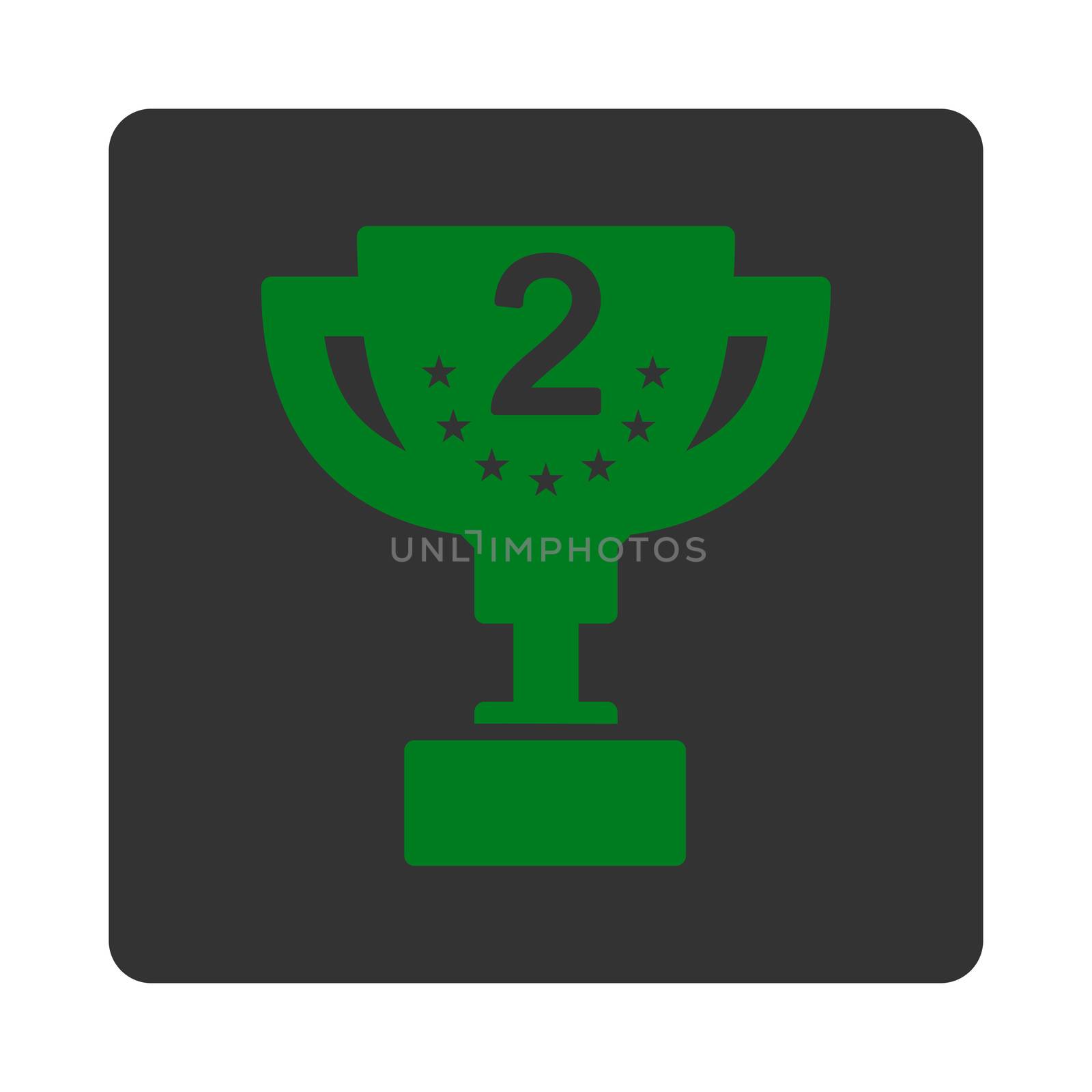 Second prize icon from Award Buttons OverColor Set. Icon style is green and gray colors, flat rounded square button, white background.