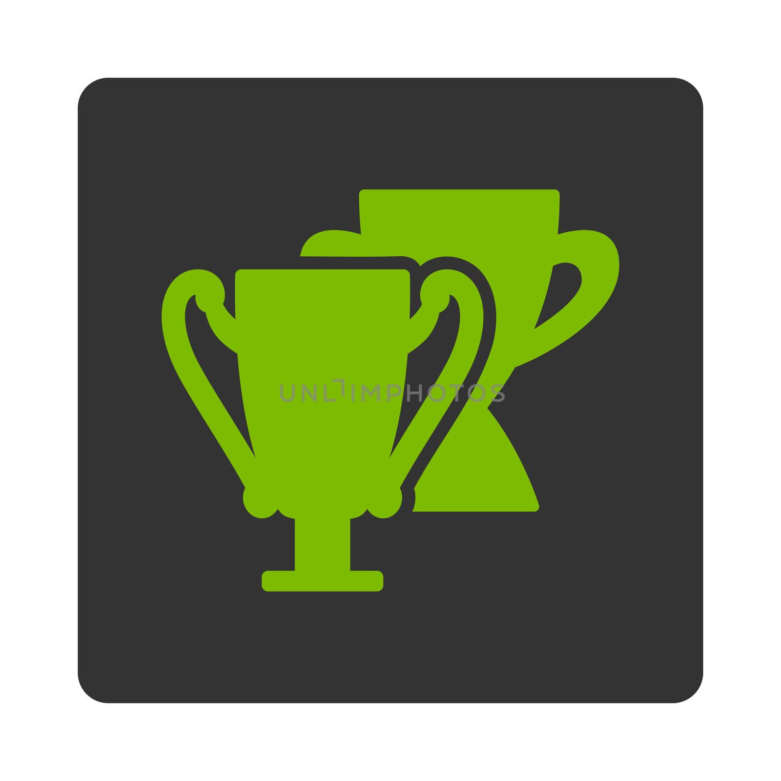 Trophy cups icon from Award Buttons OverColor Set. Icon style is eco green and gray colors, flat rounded square button, white background.