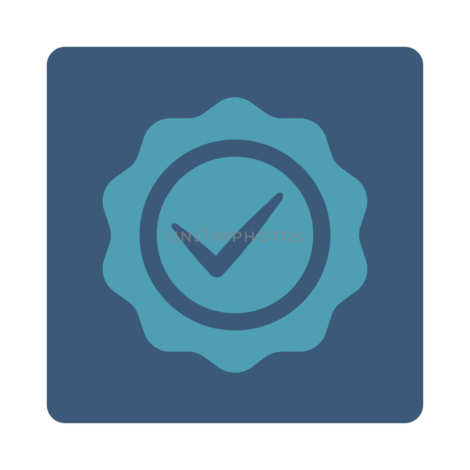 Valid icon from Award Buttons OverColor Set. Icon style is cyan and blue colors, flat rounded square button, white background.