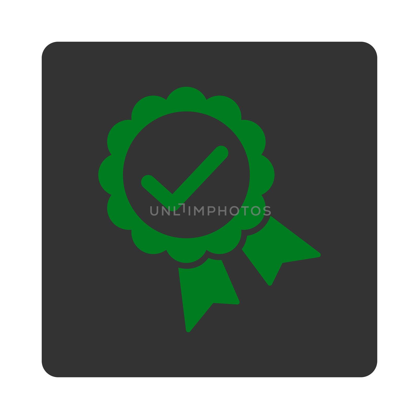 Approved icon from Award Buttons OverColor Set. Icon style is green and gray colors, flat rounded square button, white background.