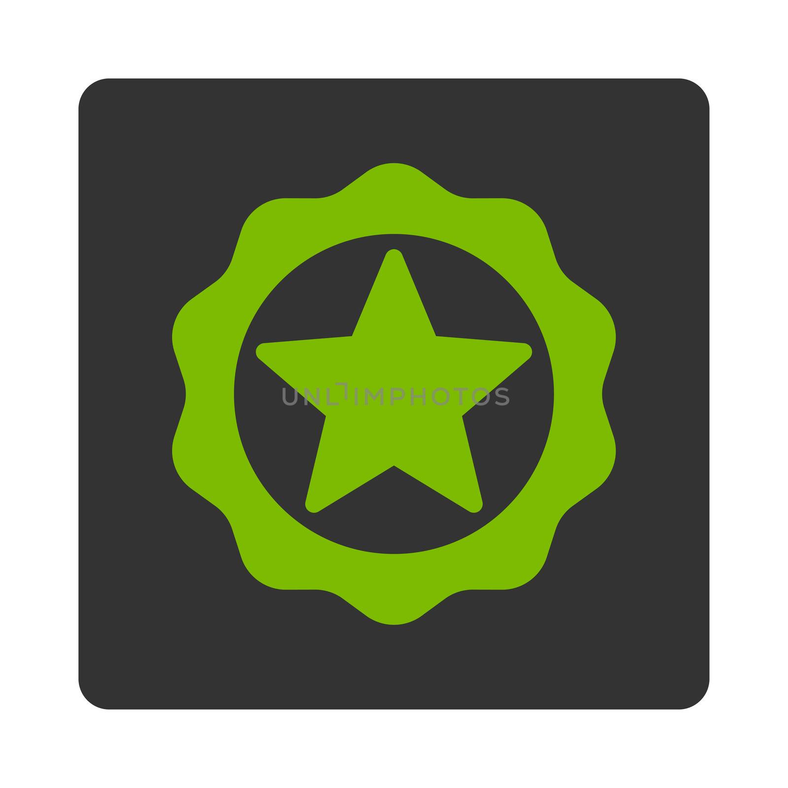 Award seal icon from Award Buttons OverColor Set. Icon style is eco green and gray colors, flat rounded square button, white background.