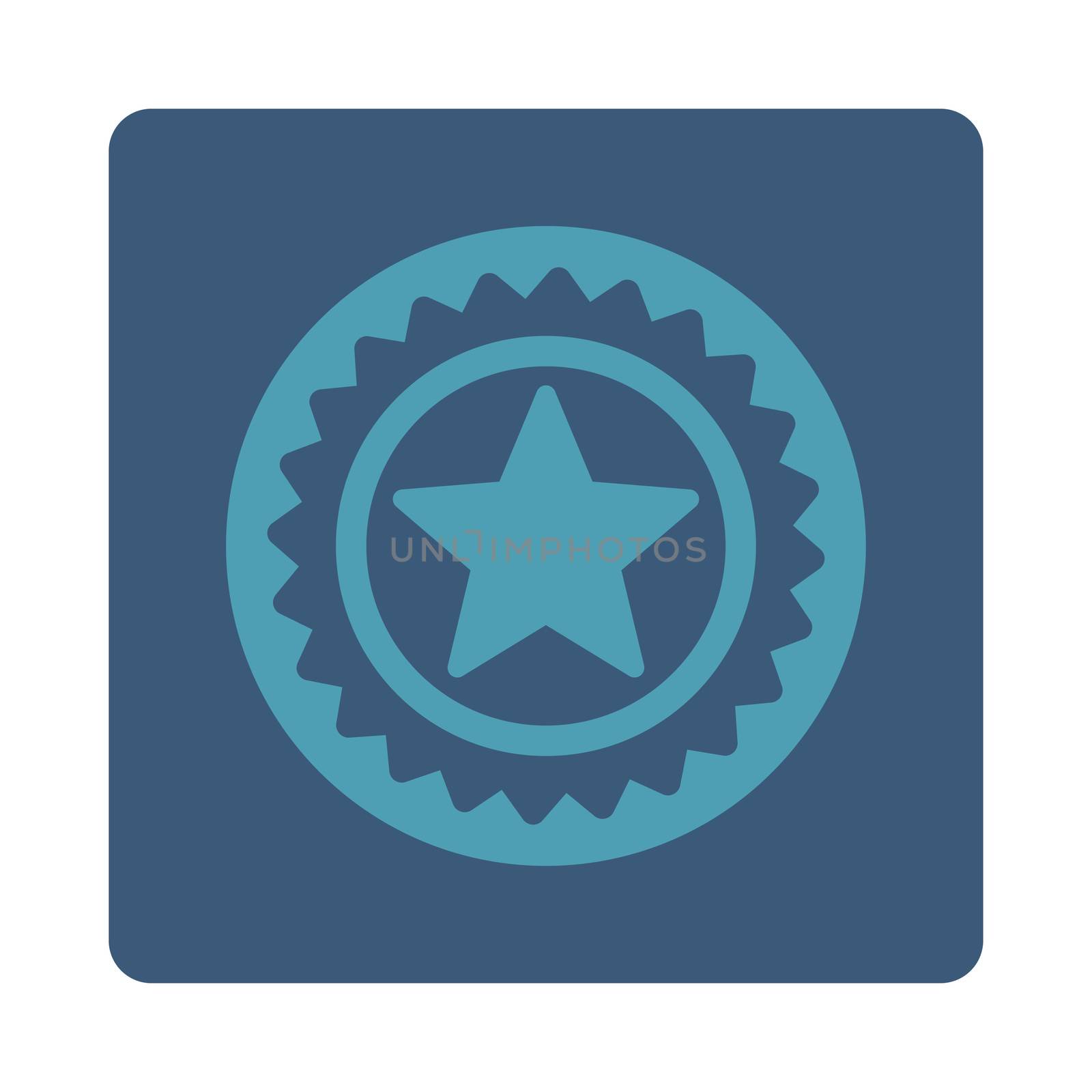 Medal seal icon from Award Buttons OverColor Set. Icon style is cyan and blue colors, flat rounded square button, white background.