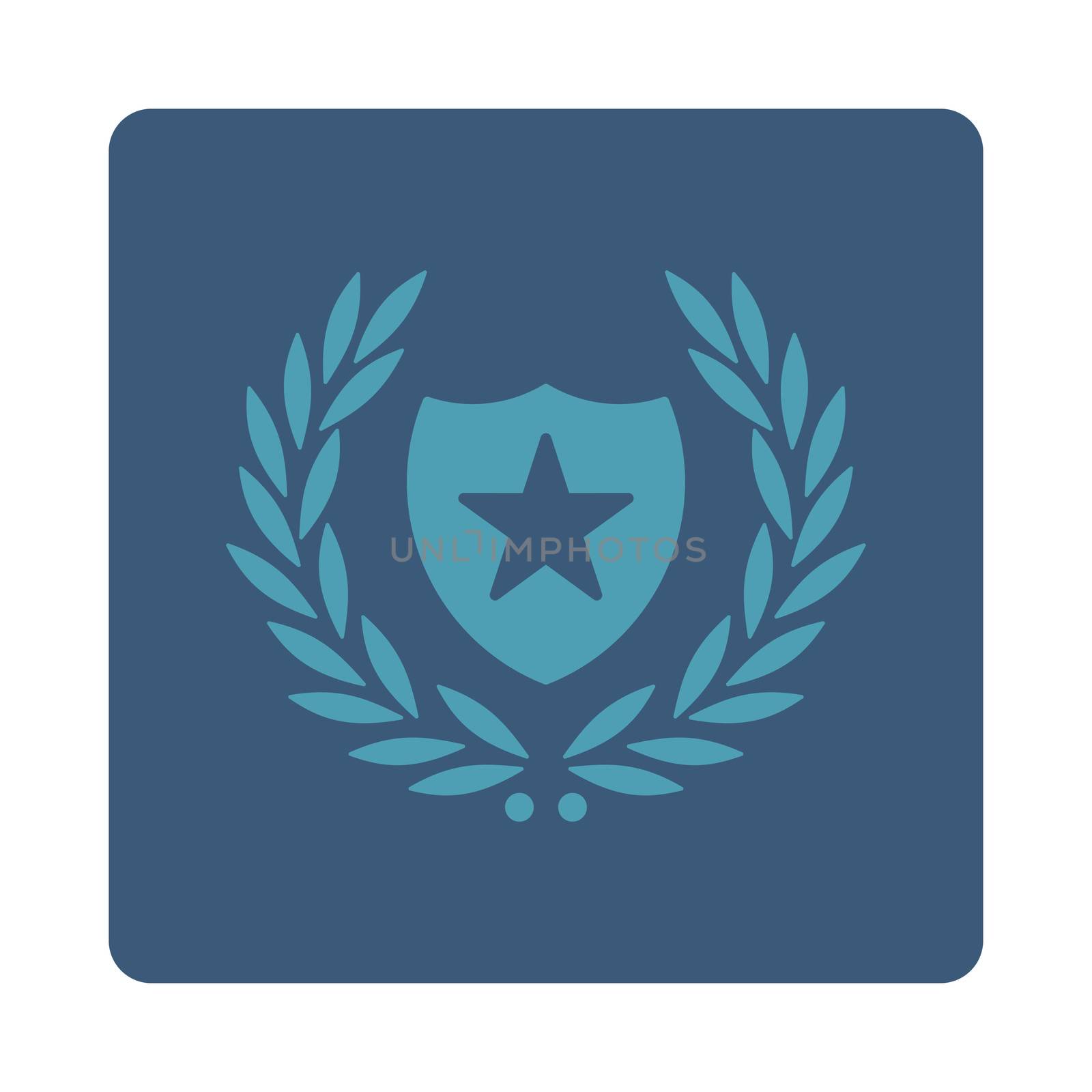 Shield icon from Award Buttons OverColor Set. Icon style is cyan and blue colors, flat rounded square button, white background.