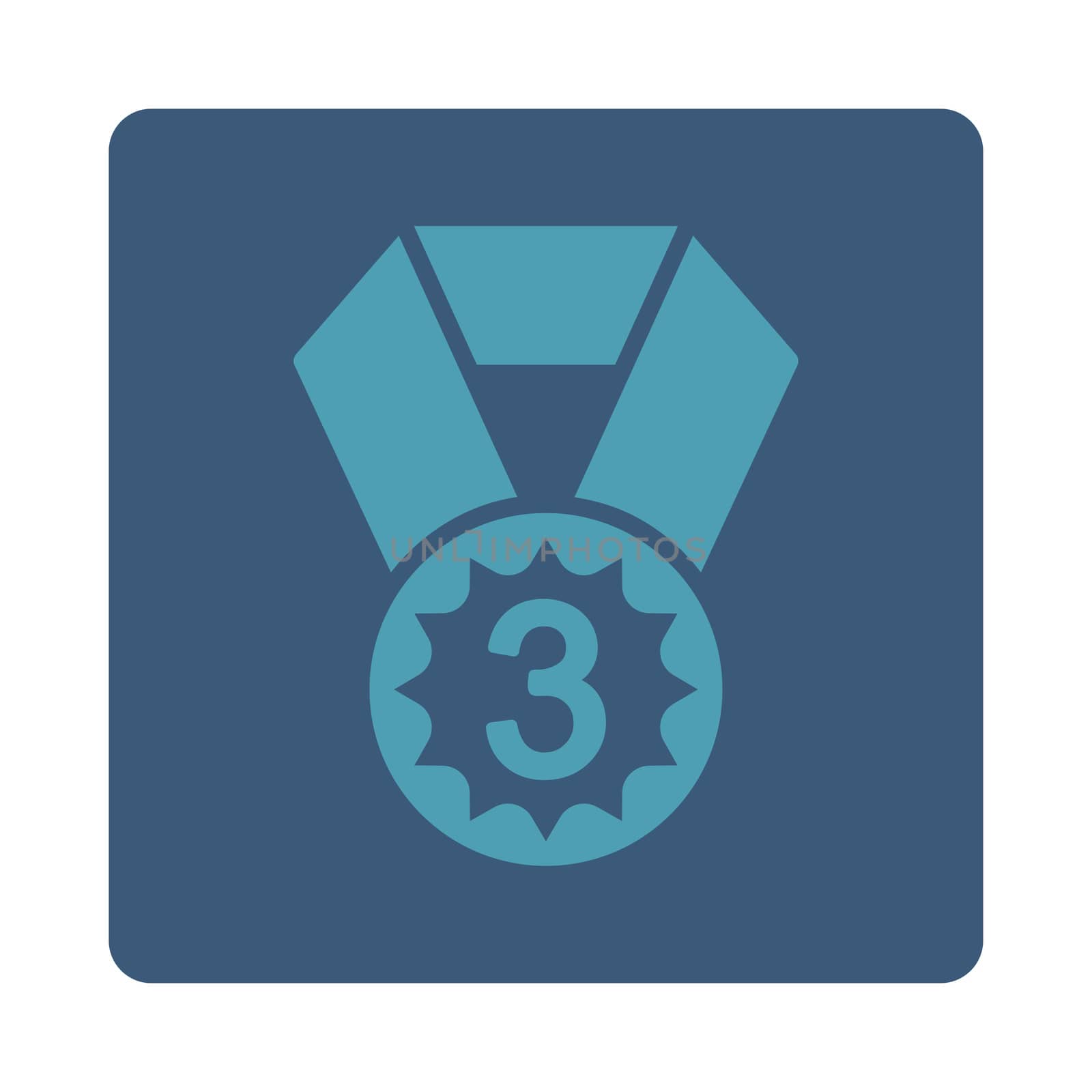 Third place icon from Award Buttons OverColor Set. Icon style is cyan and blue colors, flat rounded square button, white background.