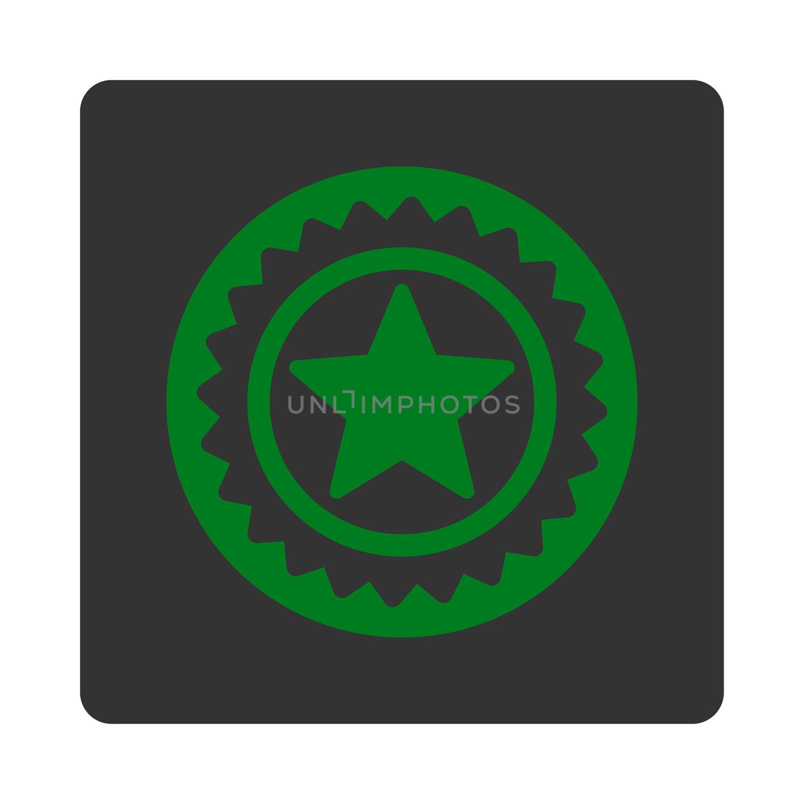 Medal seal icon from Award Buttons OverColor Set. Icon style is green and gray colors, flat rounded square button, white background.