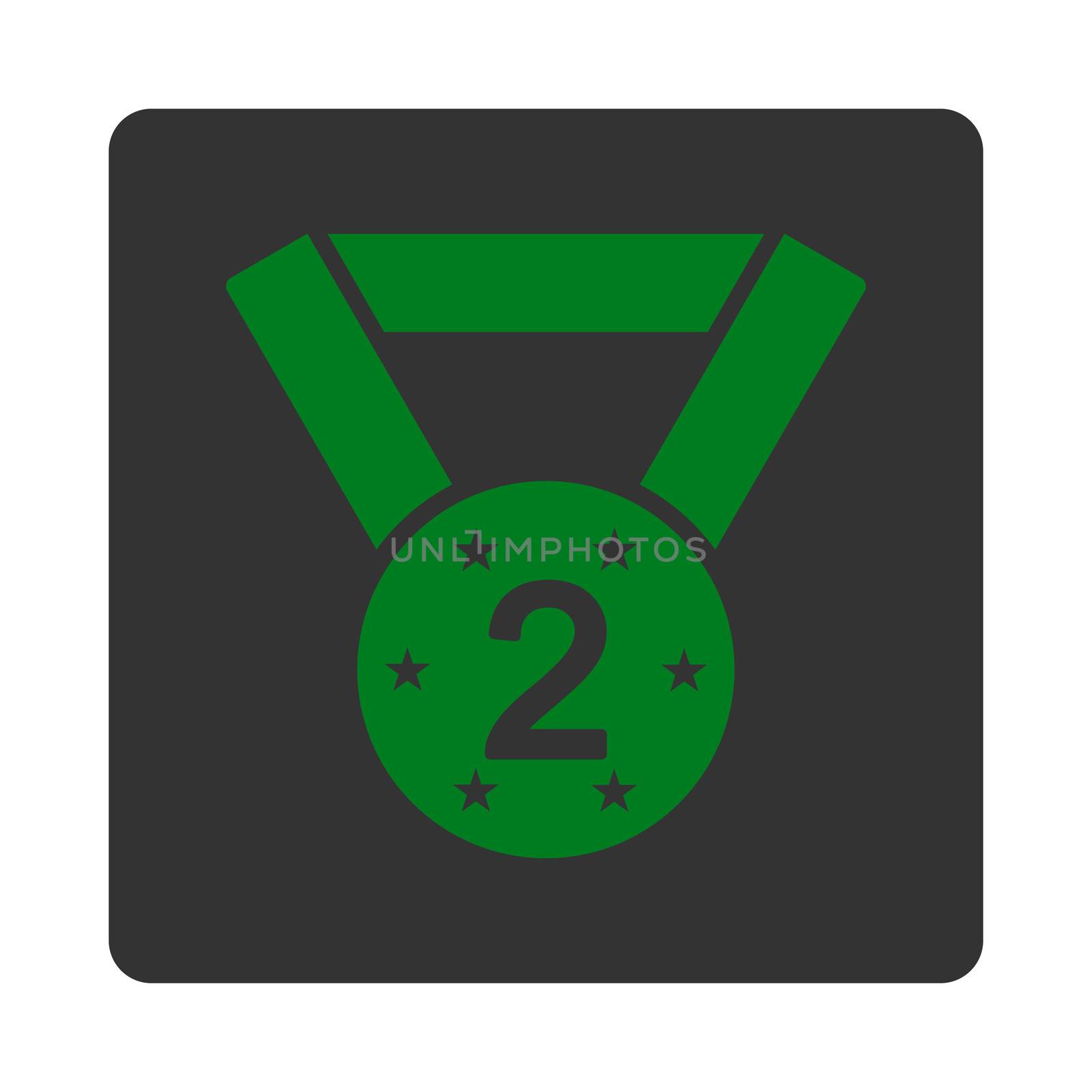 Second medal icon from Award Buttons OverColor Set. Icon style is green and gray colors, flat rounded square button, white background.