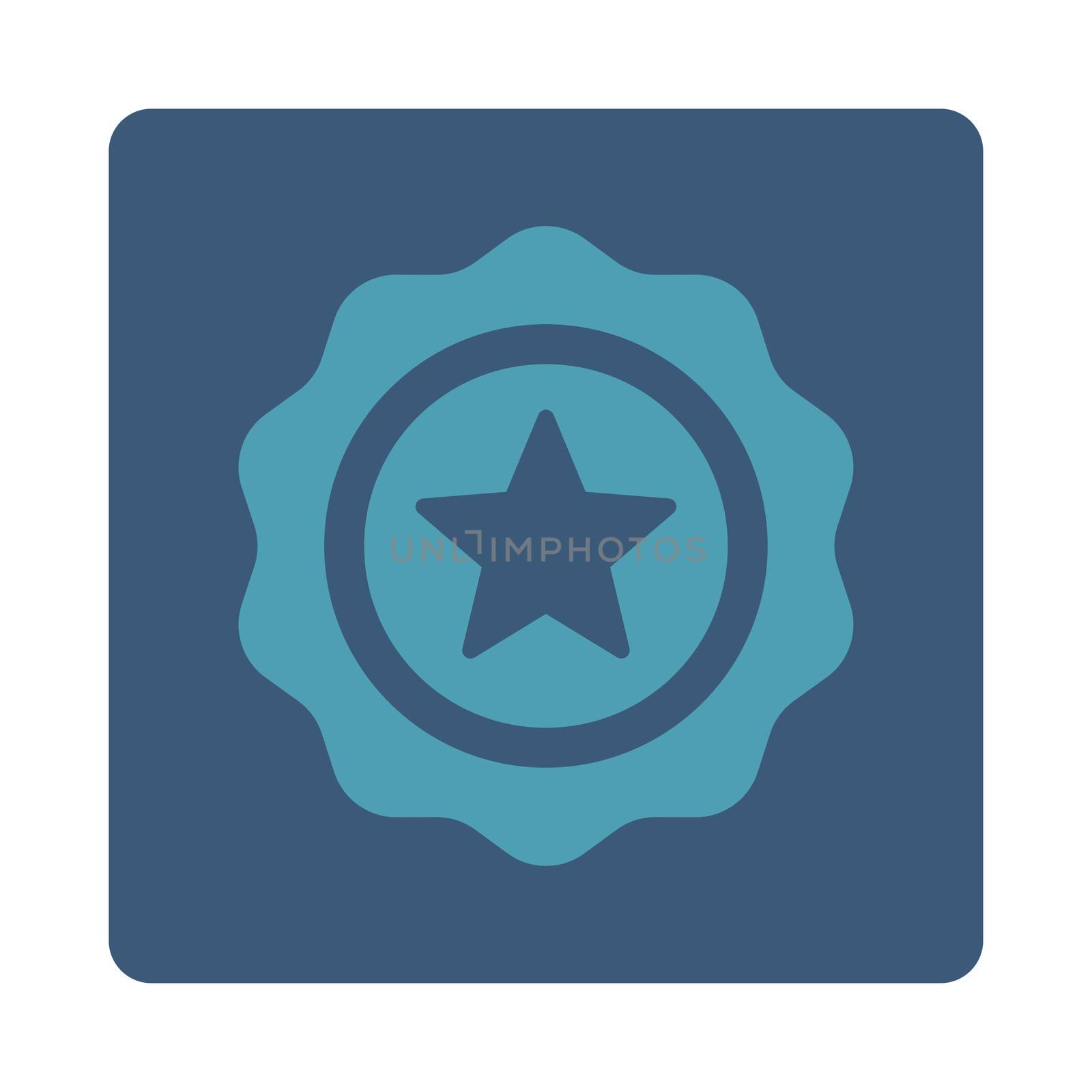 Reward seal icon from Award Buttons OverColor Set. Icon style is cyan and blue colors, flat rounded square button, white background.