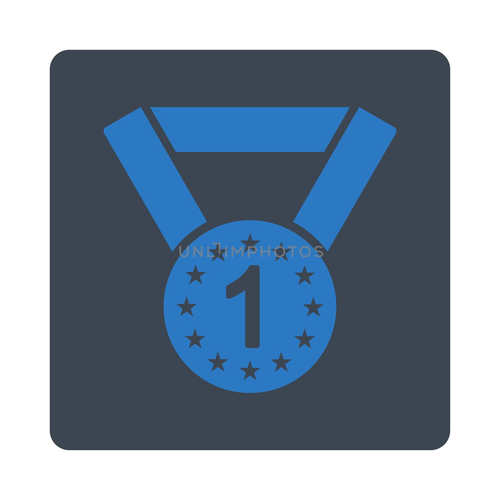 First medal icon from Award Buttons OverColor Set. Icon style is smooth blue colors, flat rounded square button, white background.