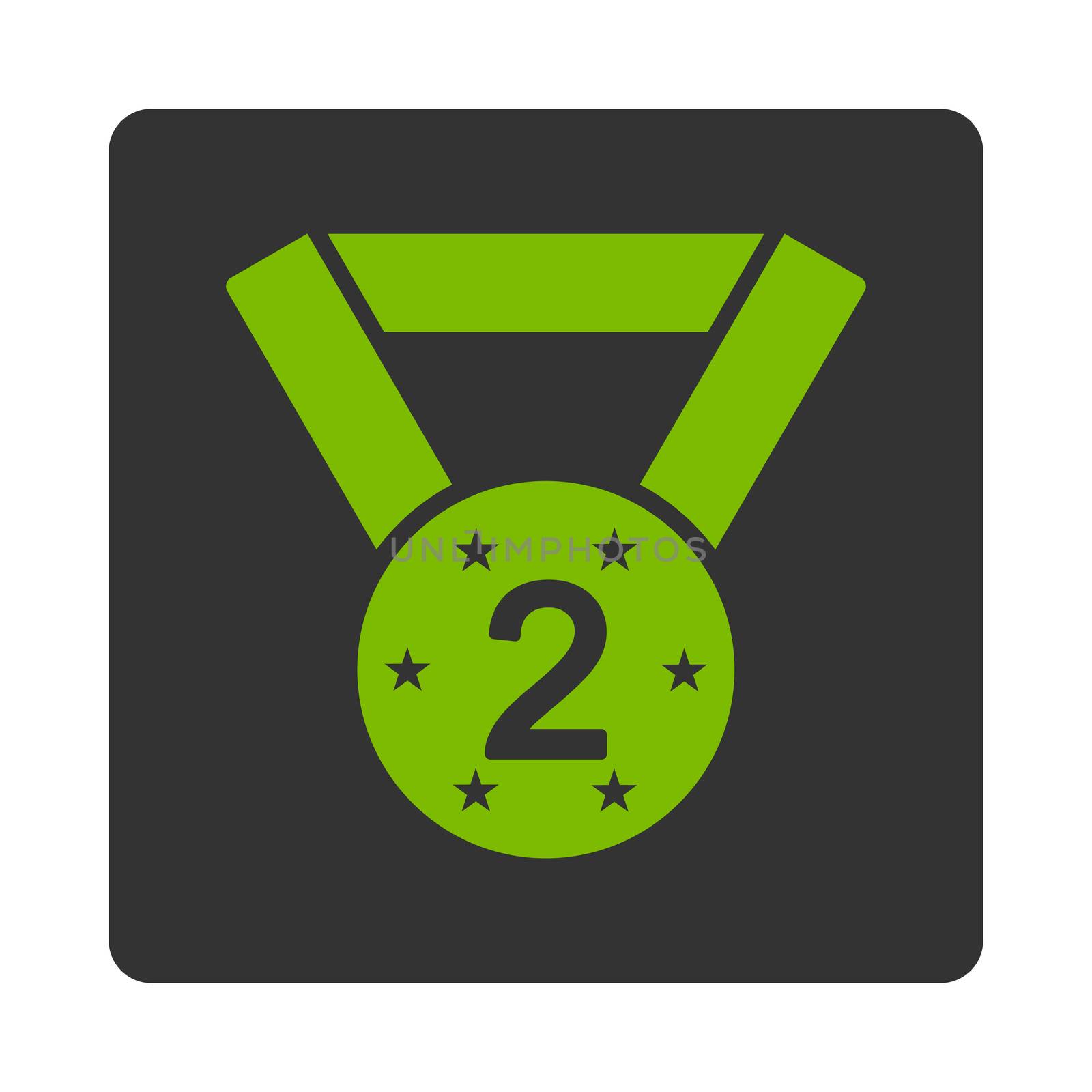 Second medal icon from Award Buttons OverColor Set. Icon style is eco green and gray colors, flat rounded square button, white background.