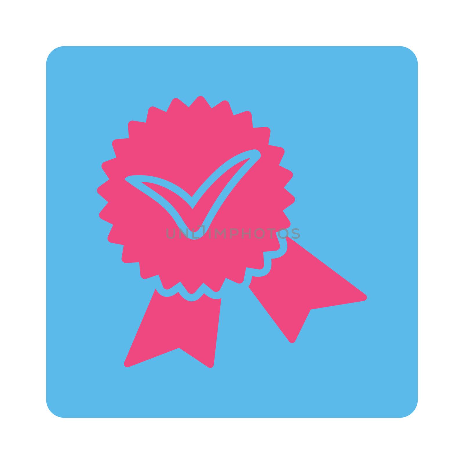 Validation seal icon from Award Buttons OverColor Set. Icon style is pink and blue colors, flat rounded square button, white background.