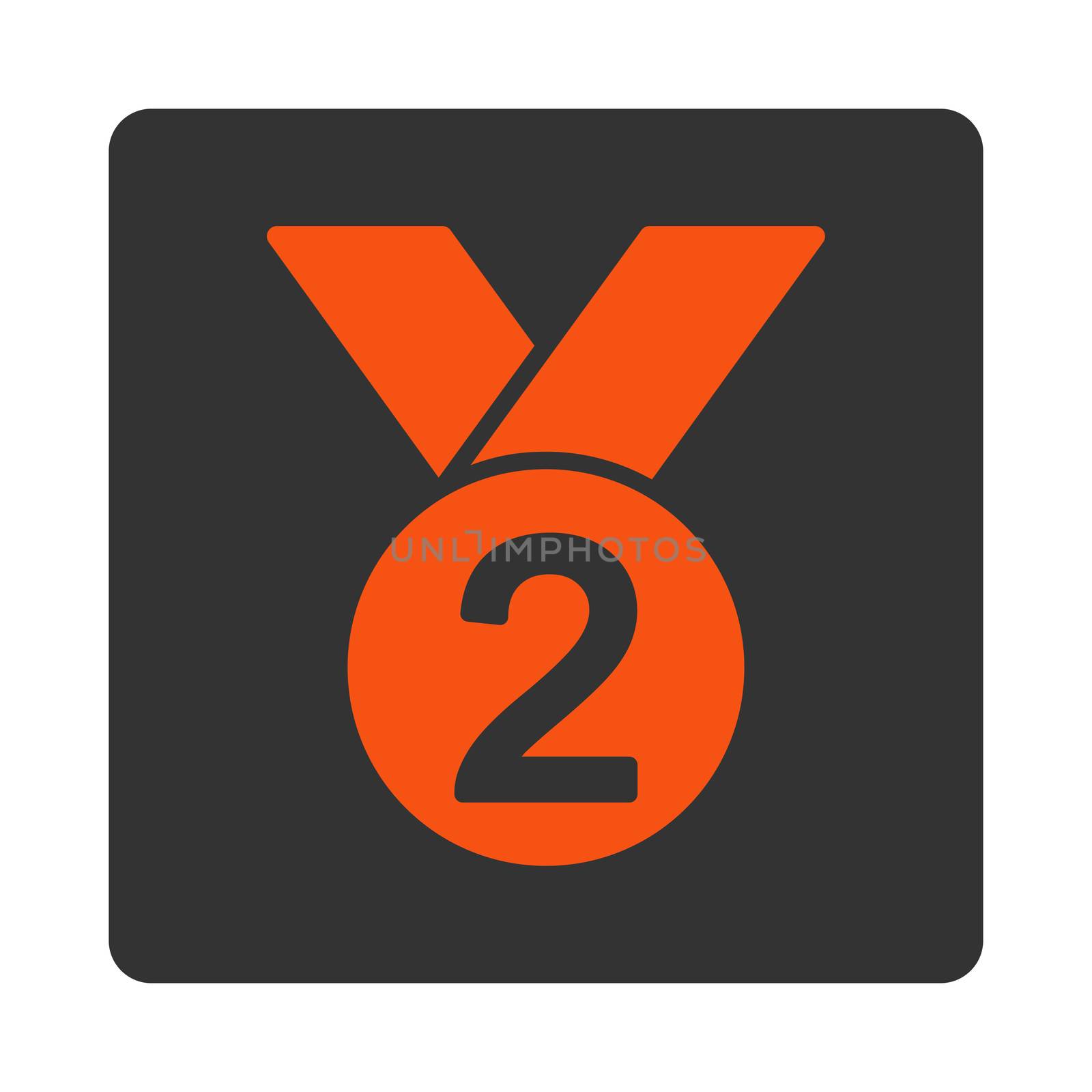 Silver medal icon from Award Buttons OverColor Set. Icon style is orange and gray colors, flat rounded square button, white background.