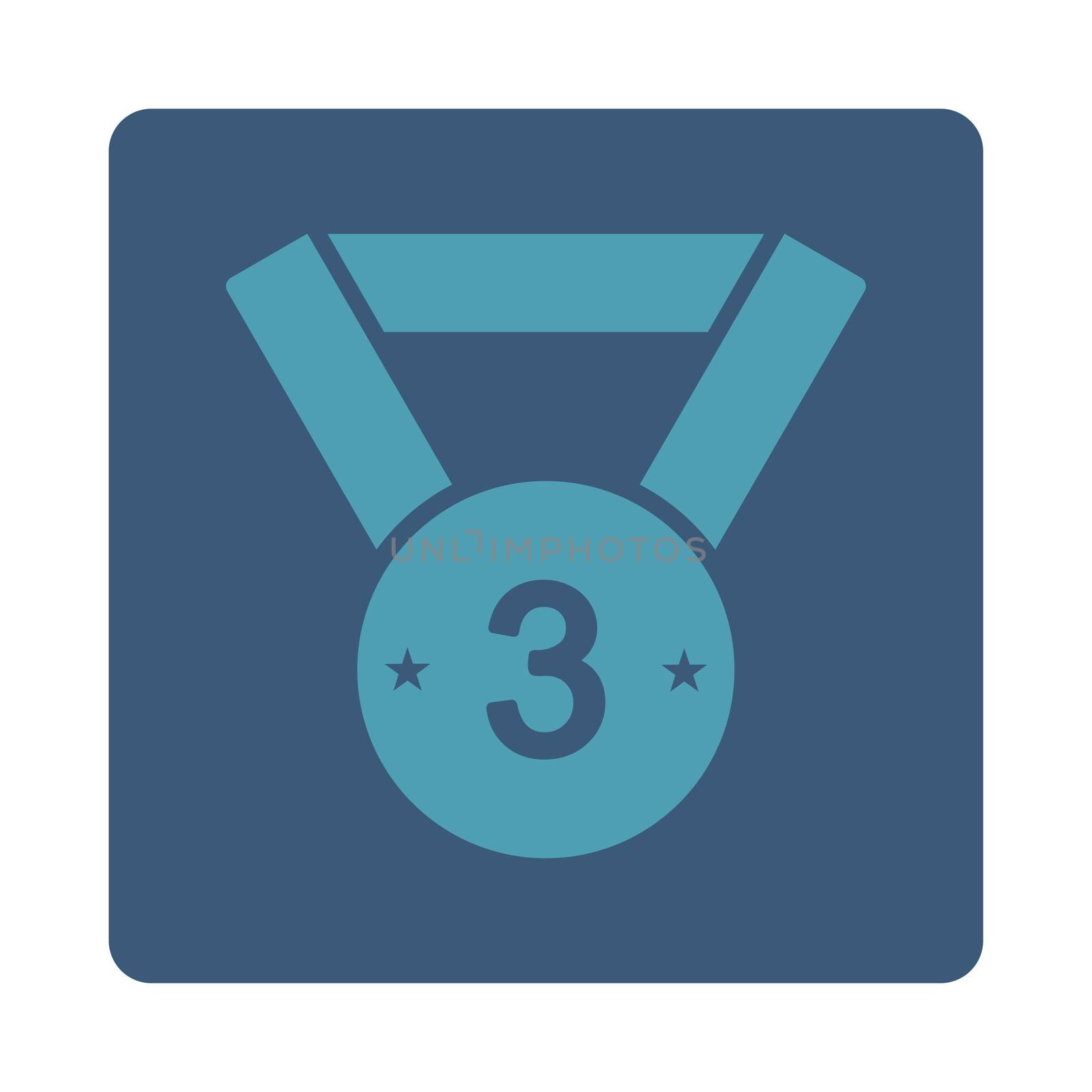 Third medal icon from Award Buttons OverColor Set. Icon style is cyan and blue colors, flat rounded square button, white background.