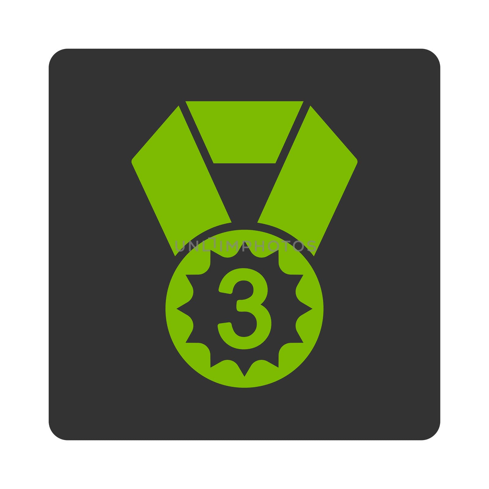 Third place icon from Award Buttons OverColor Set. Icon style is eco green and gray colors, flat rounded square button, white background.
