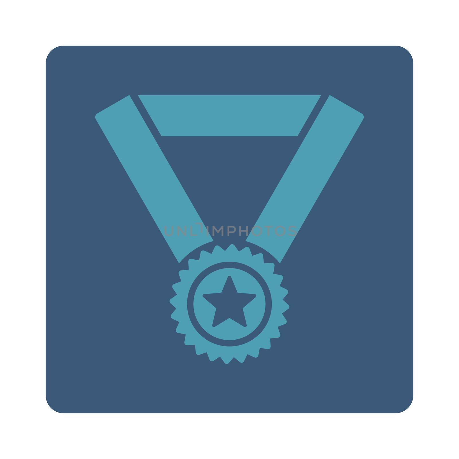 Winner medal icon from Award Buttons OverColor Set. Icon style is cyan and blue colors, flat rounded square button, white background.