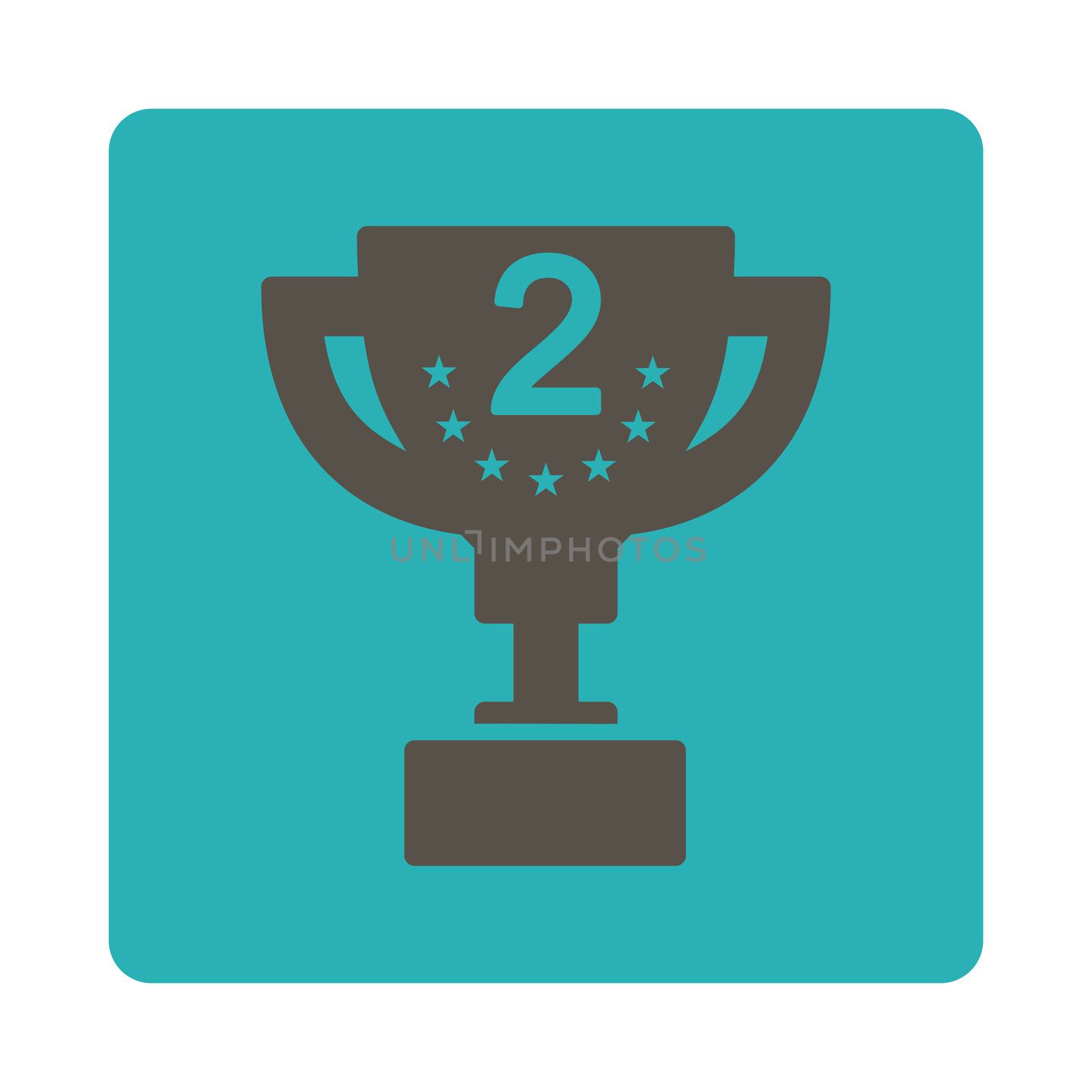 Second prize icon from Award Buttons OverColor Set. Icon style is grey and cyan colors, flat rounded square button, white background.