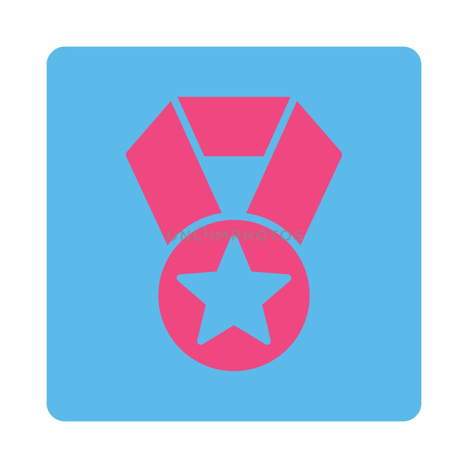 Champion medal icon from Award Buttons OverColor Set. Icon style is pink and blue colors, flat rounded square button, white background.