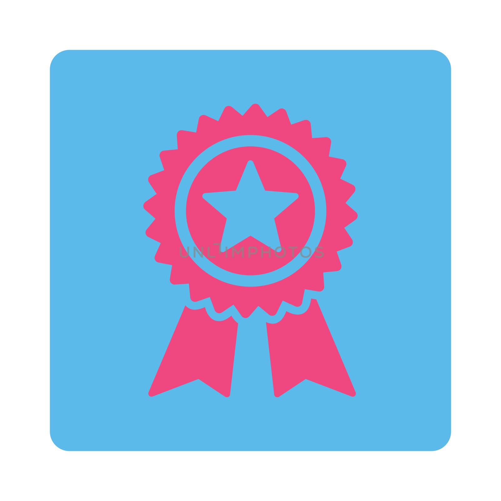 Guarantee icon from Award Buttons OverColor Set. Icon style is pink and blue colors, flat rounded square button, white background.