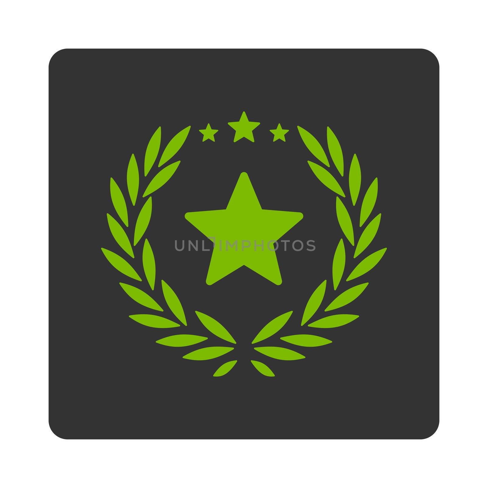 Proud icon from Award Buttons OverColor Set. Icon style is eco green and gray colors, flat rounded square button, white background.