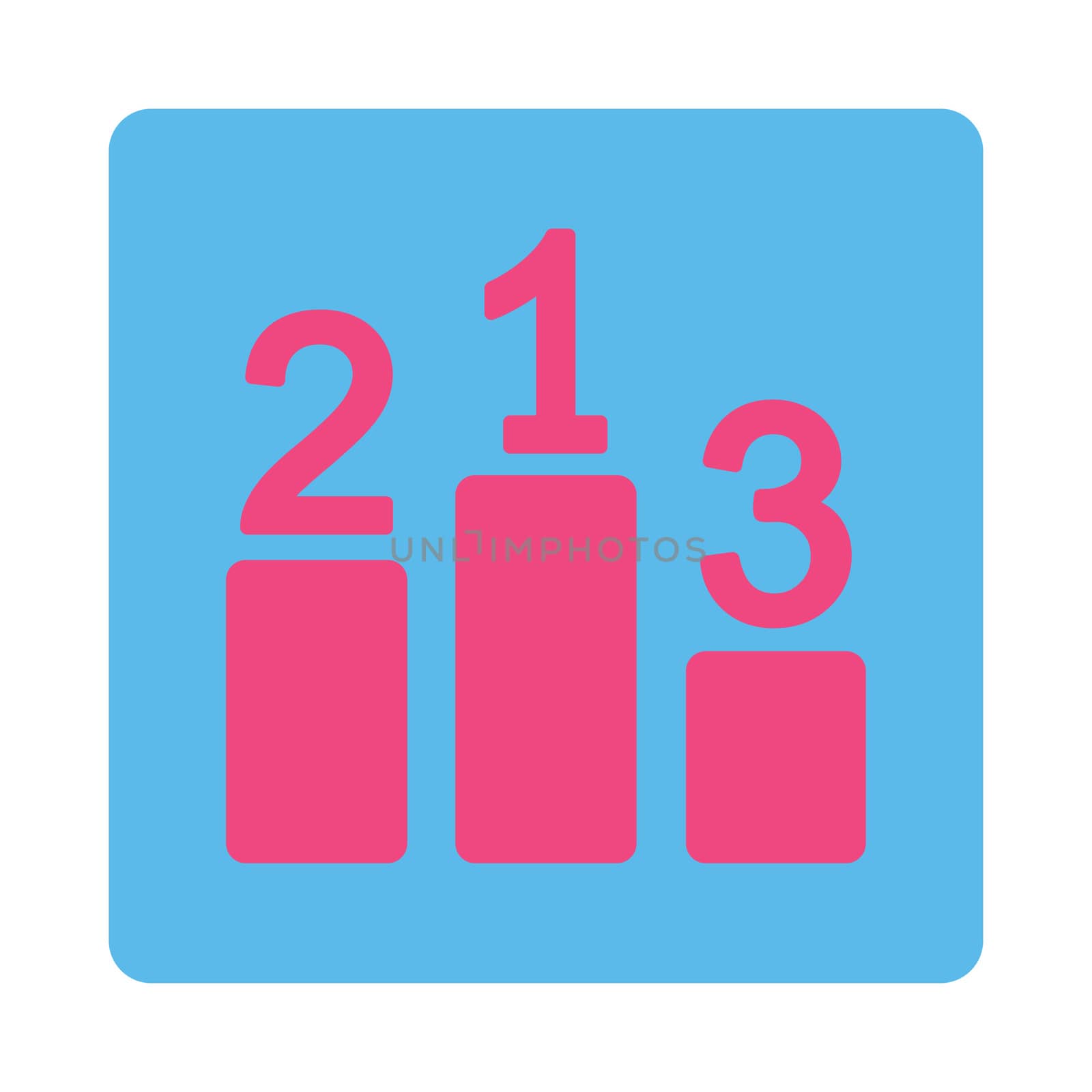 Pedestal icon from Award Buttons OverColor Set. Icon style is pink and blue colors, flat rounded square button, white background.