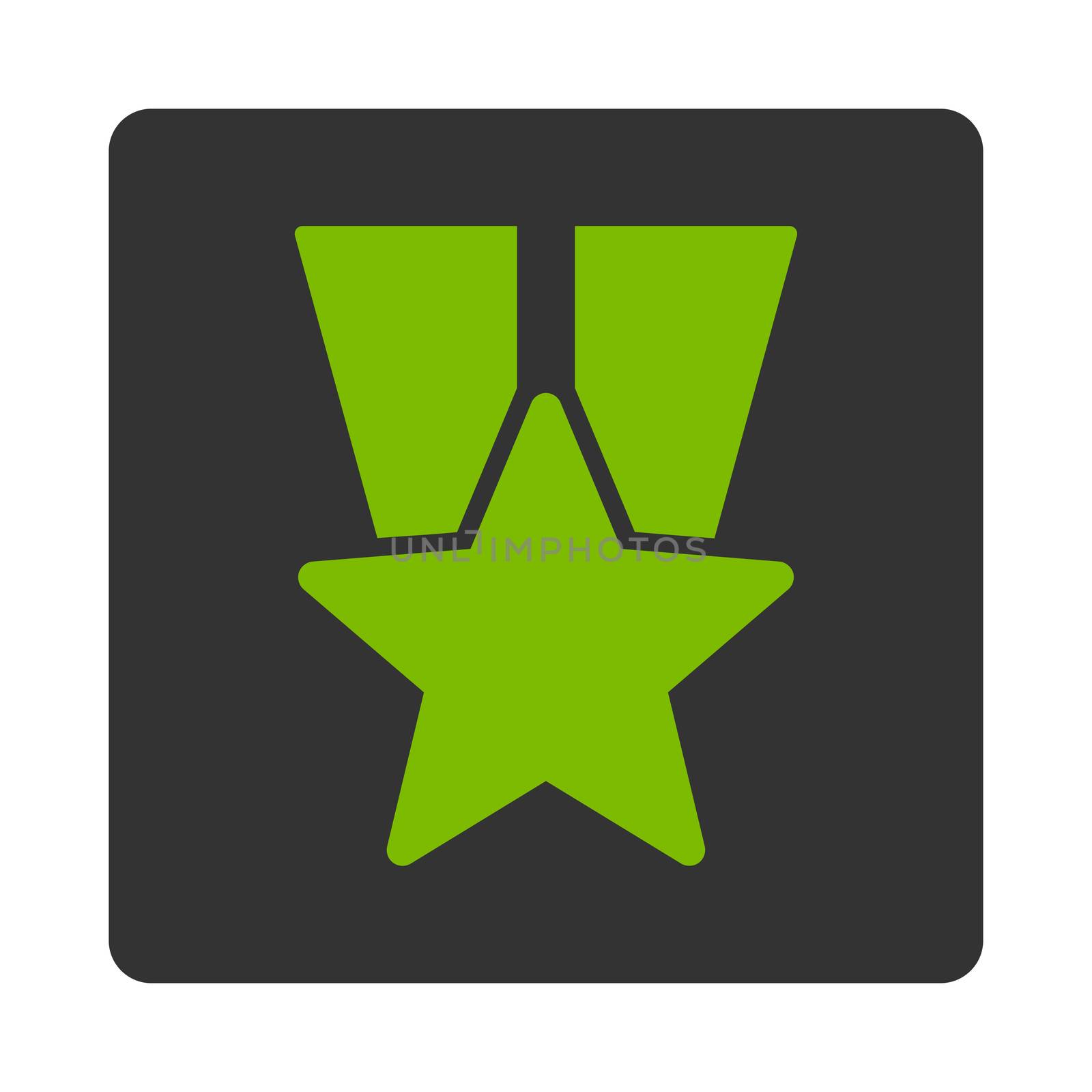 Star medal icon from Award Buttons OverColor Set. Icon style is eco green and gray colors, flat rounded square button, white background.