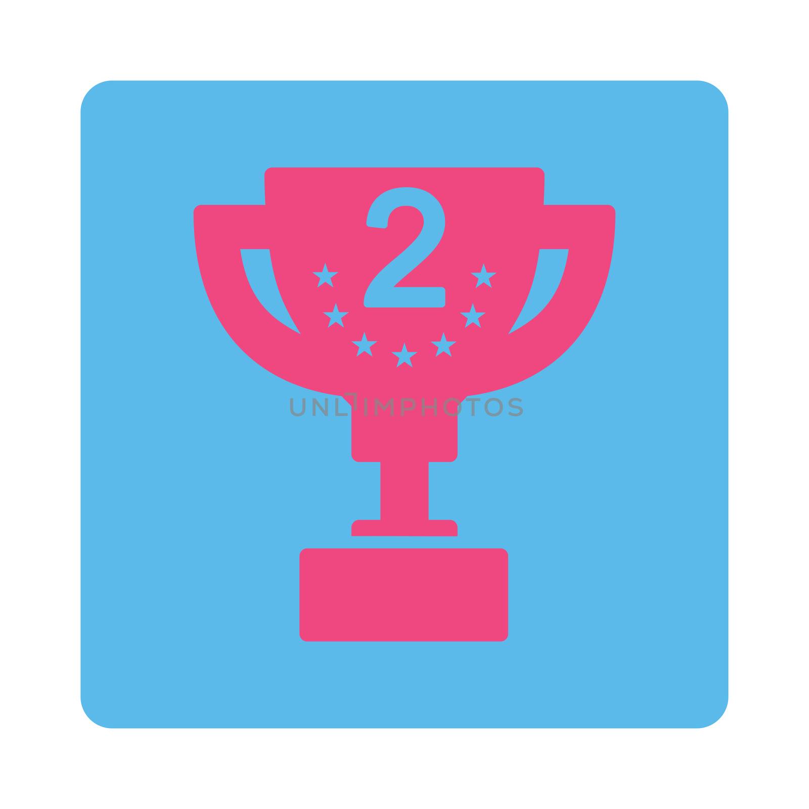 Second prize icon from Award Buttons OverColor Set. Icon style is pink and blue colors, flat rounded square button, white background.