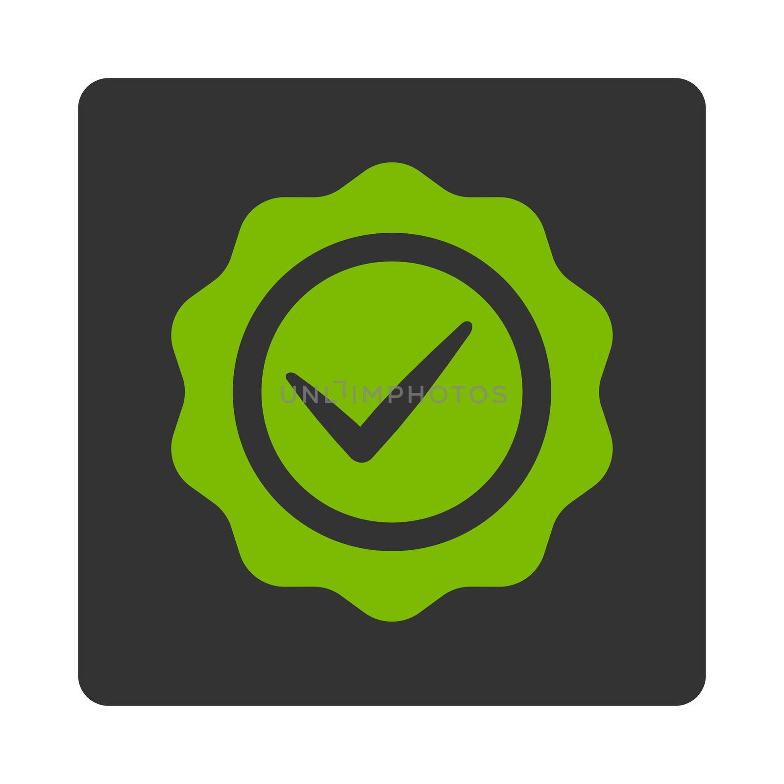 Valid icon from Award Buttons OverColor Set. Icon style is eco green and gray colors, flat rounded square button, white background.