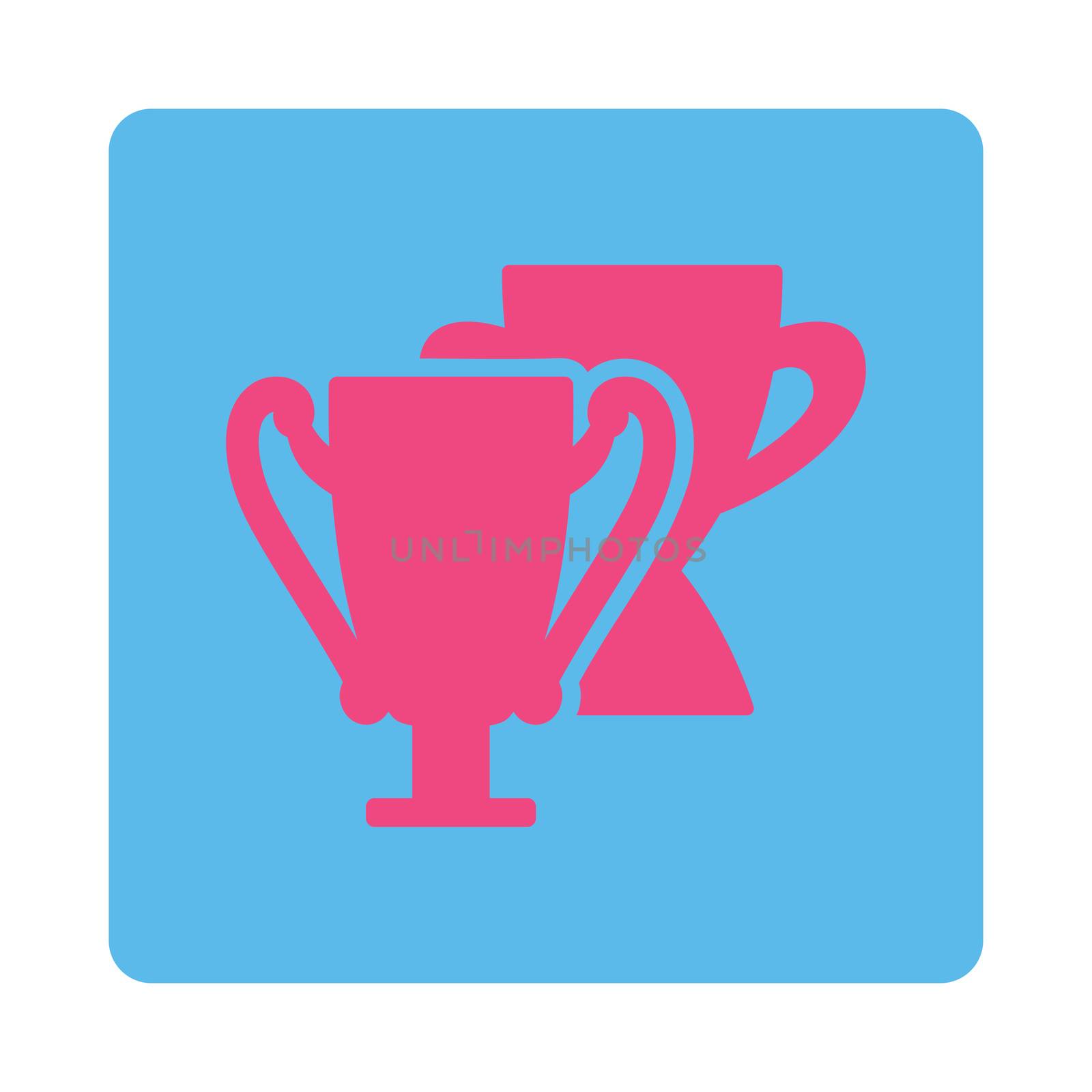 Trophy cups icon from Award Buttons OverColor Set. Icon style is pink and blue colors, flat rounded square button, white background.