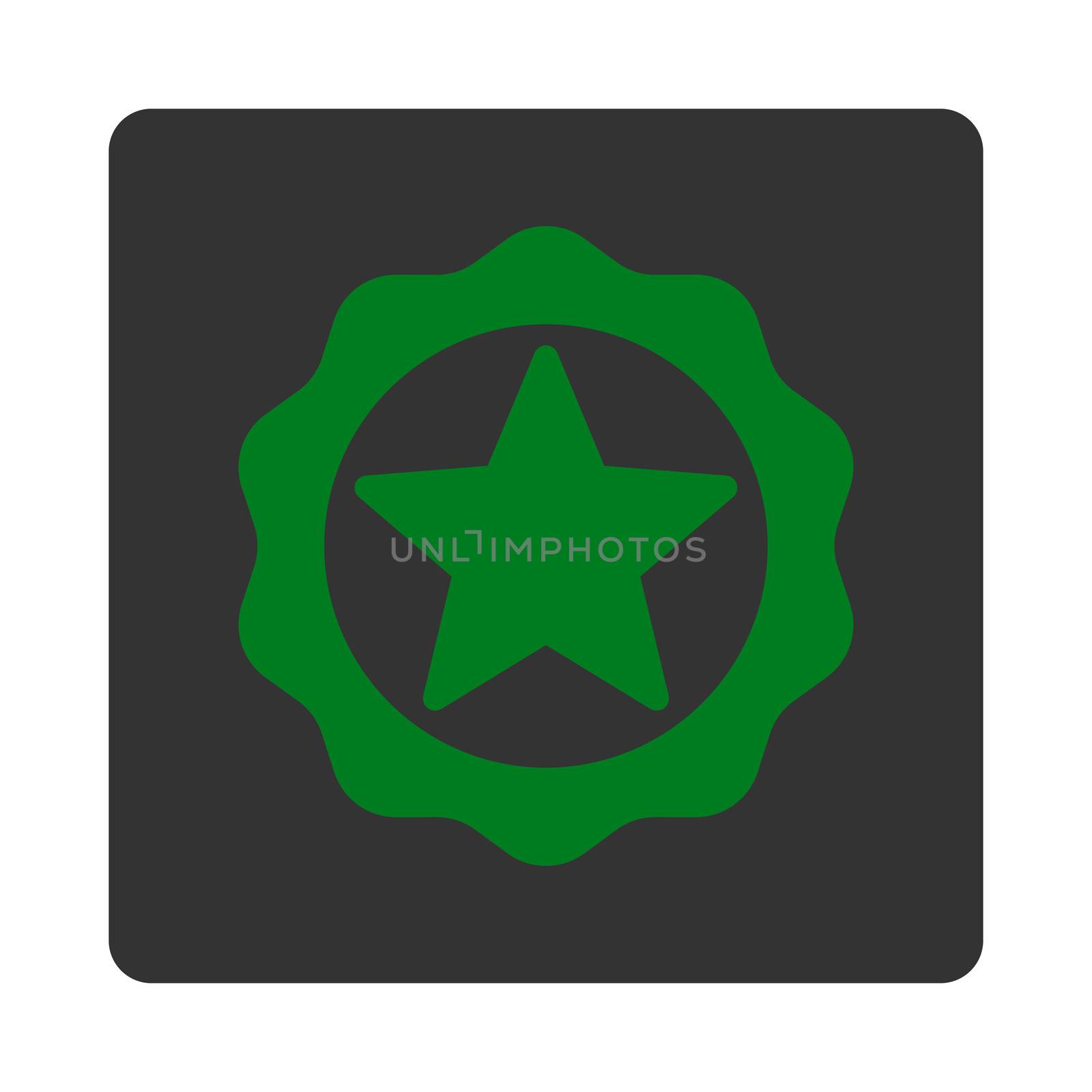 Award seal icon from Award Buttons OverColor Set. Icon style is green and gray colors, flat rounded square button, white background.