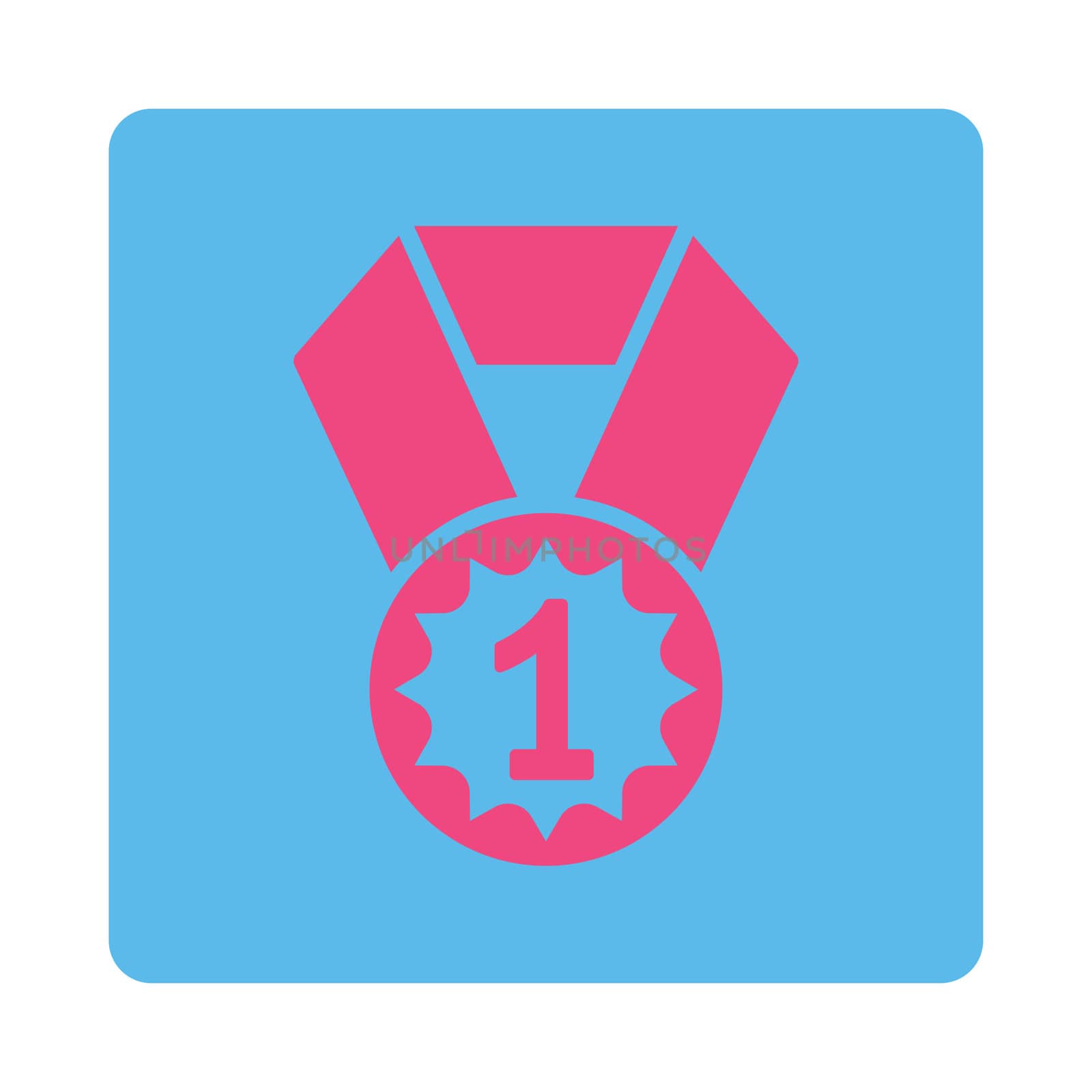 First place icon from Award Buttons OverColor Set. Icon style is pink and blue colors, flat rounded square button, white background.