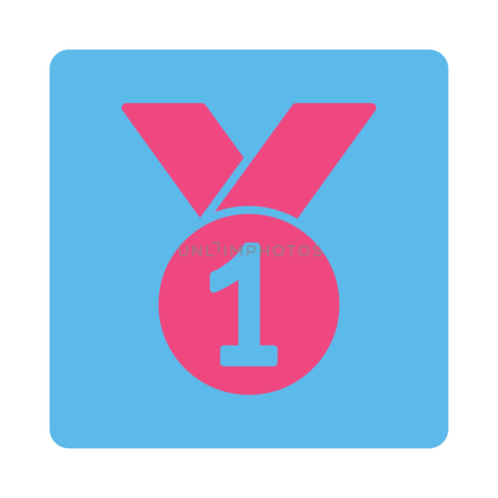 Gold medal icon from Award Buttons OverColor Set. Icon style is pink and blue colors, flat rounded square button, white background.