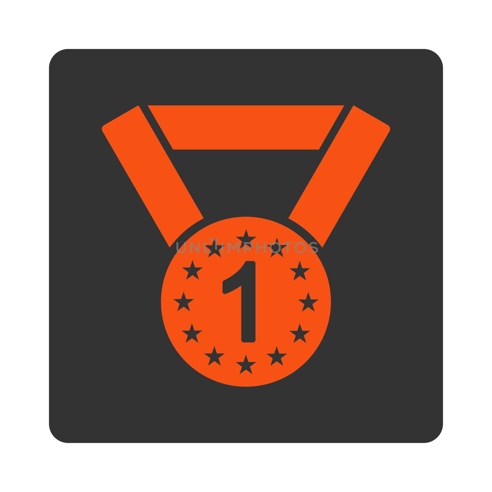 First medal icon from Award Buttons OverColor Set. Icon style is orange and gray colors, flat rounded square button, white background.