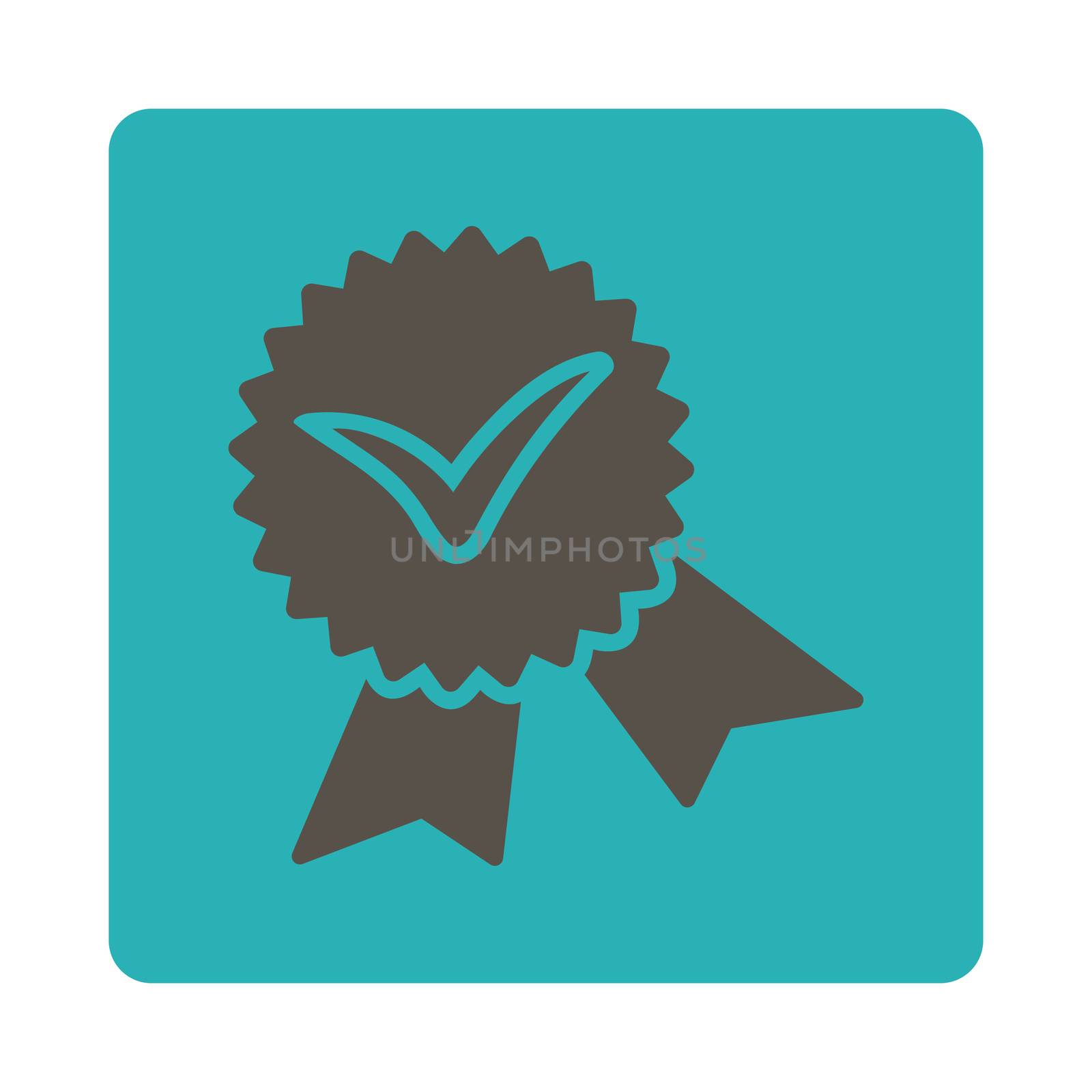 Validation seal icon from Award Buttons OverColor Set. Icon style is grey and cyan colors, flat rounded square button, white background.