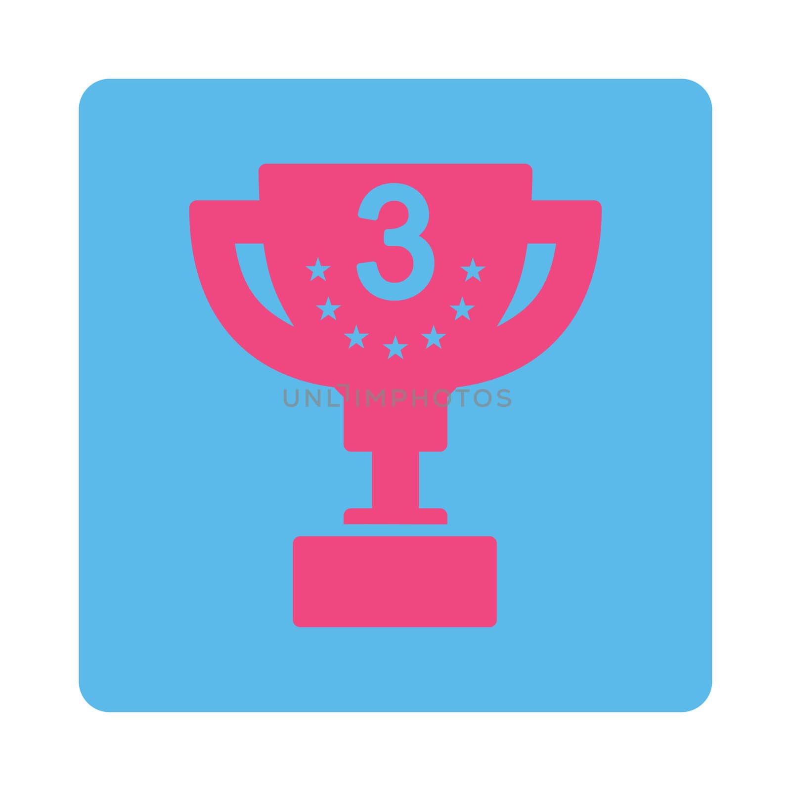 Third prize icon from Award Buttons OverColor Set. Icon style is pink and blue colors, flat rounded square button, white background.