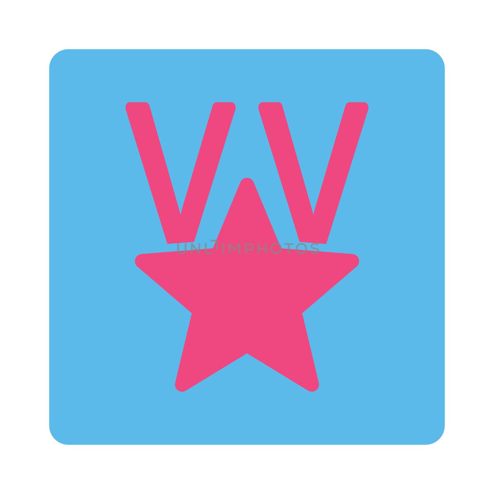 Victory icon from Award Buttons OverColor Set. Icon style is pink and blue colors, flat rounded square button, white background.