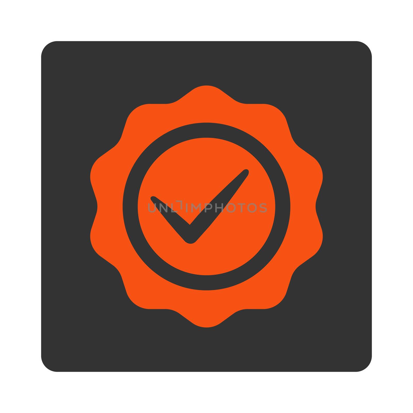 Valid icon from Award Buttons OverColor Set. Icon style is orange and gray colors, flat rounded square button, white background.