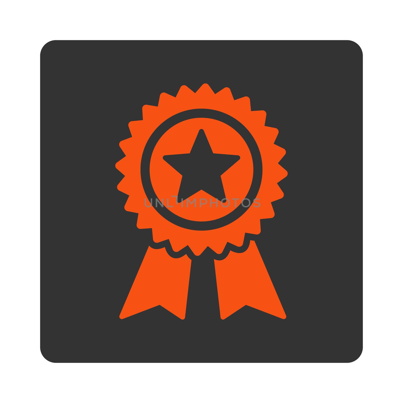 Guarantee icon from Award Buttons OverColor Set. Icon style is orange and gray colors, flat rounded square button, white background.