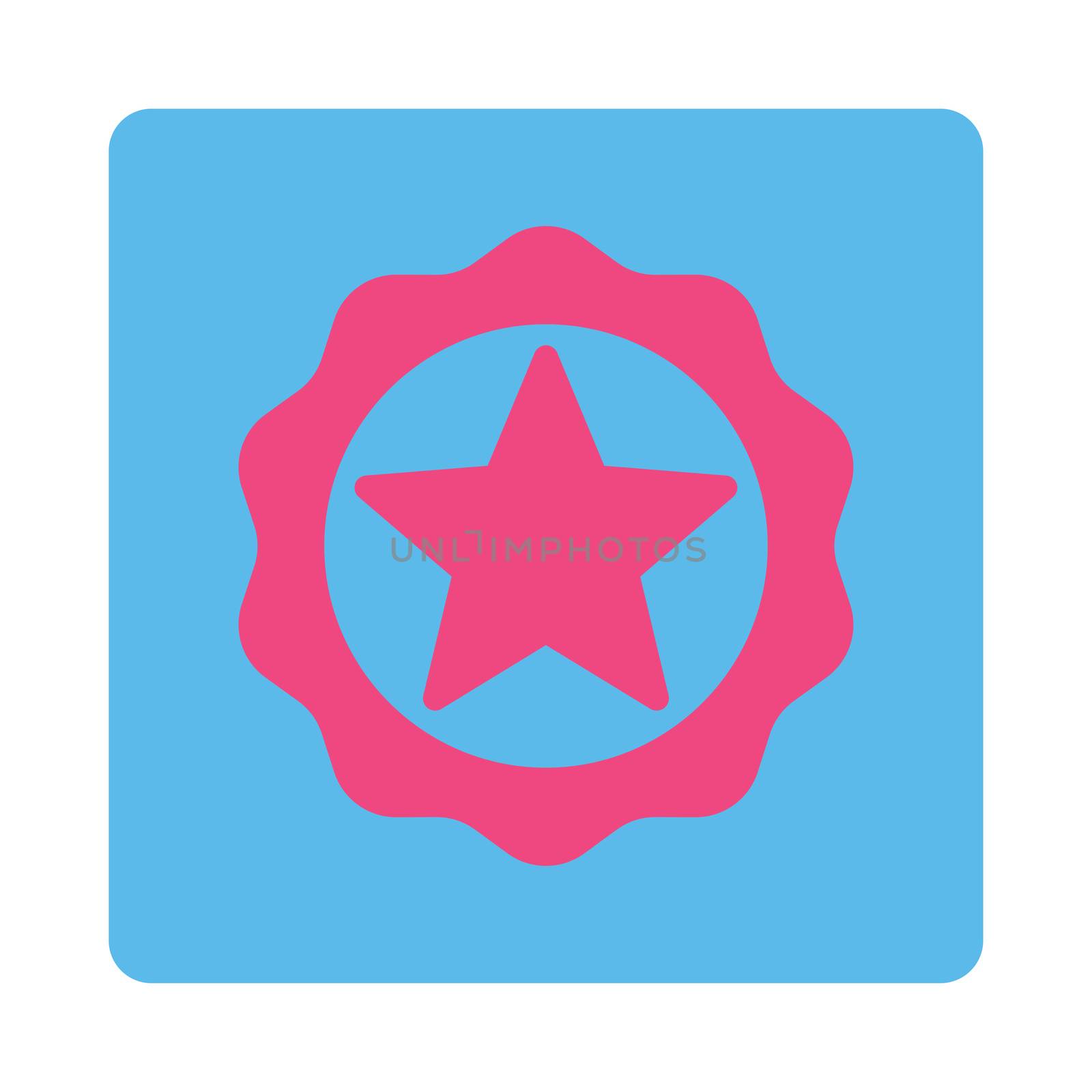 Award seal icon from Award Buttons OverColor Set. Icon style is pink and blue colors, flat rounded square button, white background.