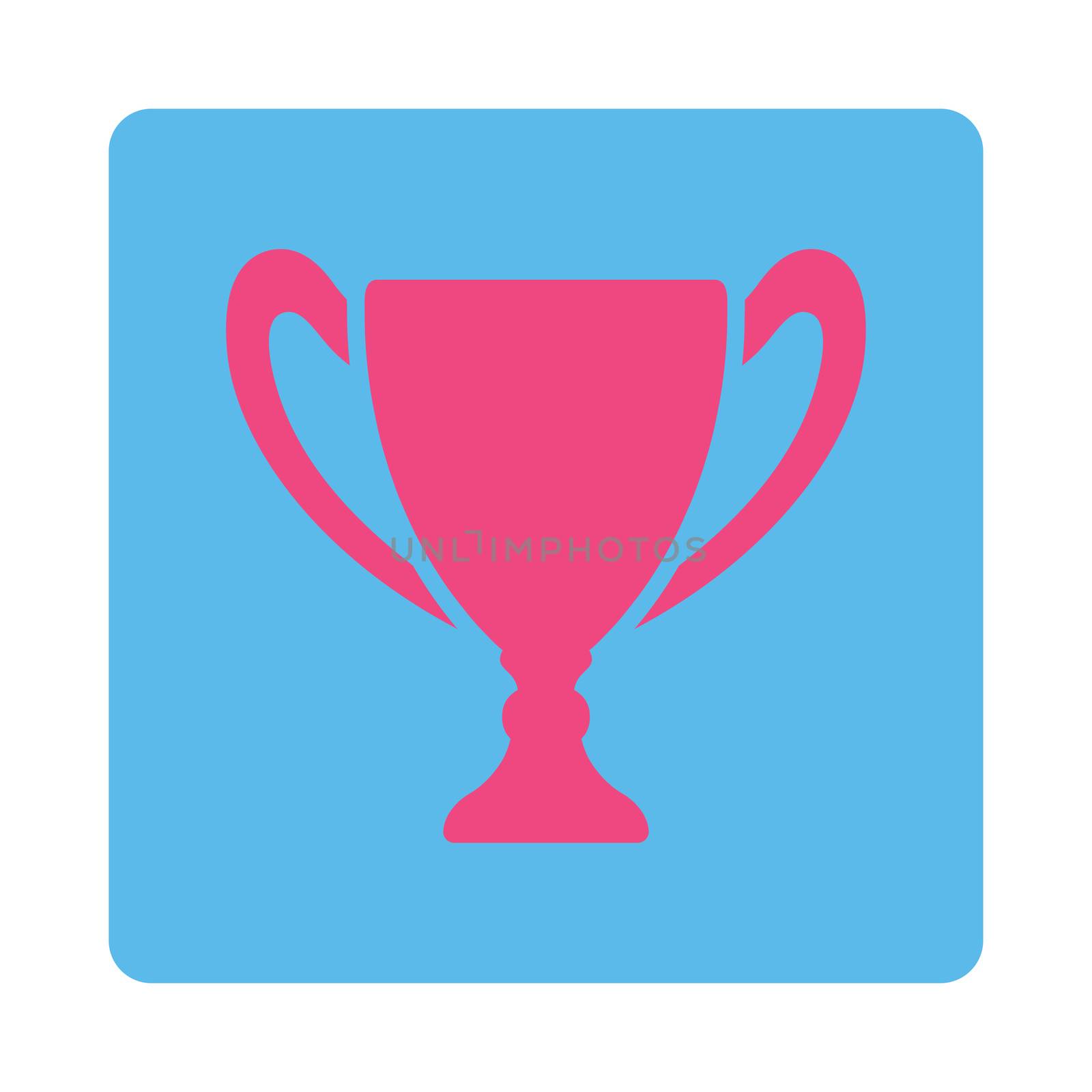 Cup icon from Award Buttons OverColor Set. Icon style is pink and blue colors, flat rounded square button, white background.